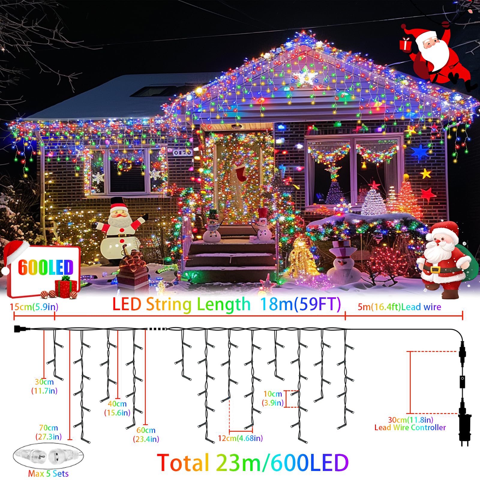 RJEDL 18+5M 600 LED Rinnovabili Luci di Natale da Esterno 3 in 1 Luci Natalizie da Esterno Cascata con 8 Modalità,Timer,Funzione Memoria Tenda Luminosa Esterno per Decorazioni Natalizie da Balcone