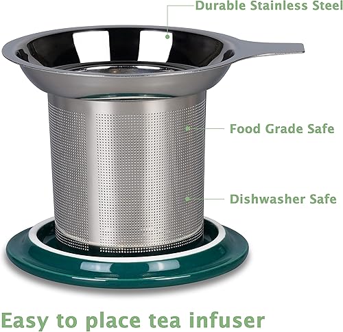 Miniatura 3 de Sunddo Taza de té de cerámica con infusor y tapa para té suelto, taza de girasol, regalos para amantes del té, para mujeres, color verde