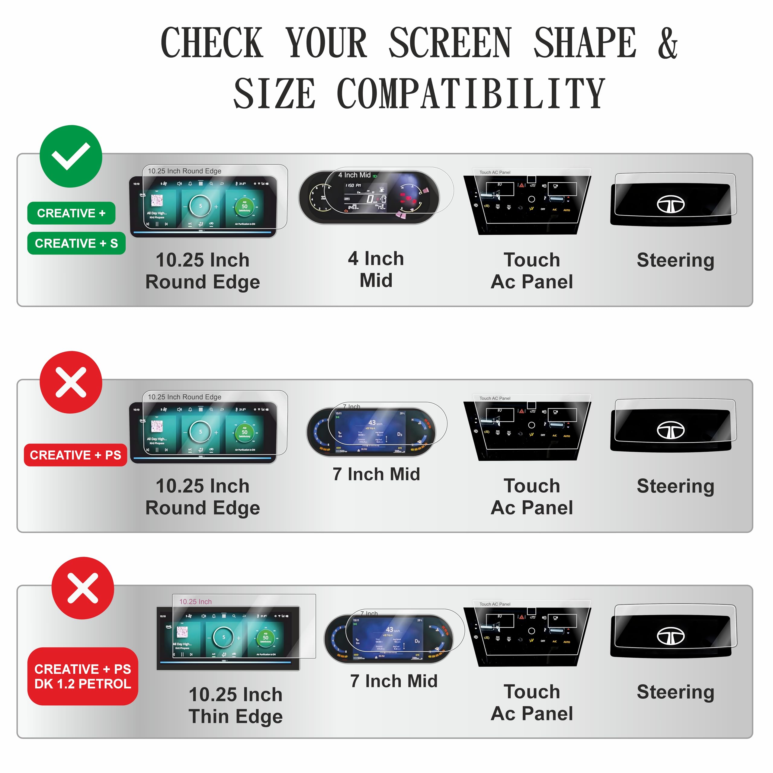 OHAYO 4 Pack Car Display Screen Protector Compatible with Tata Nexon 2025 & 2026 Facelift | Fits Creative, Creative+ S, Creative+ S CNG, Creative+ S Dark | 10.25" Infotainment, 4" MID, AC Touch Panel & Steering Cluster Protection | 9H Hardness, Anti-Scratch, HD Clear, Water Resistant | Not Tempered Glass — Amazon image 2