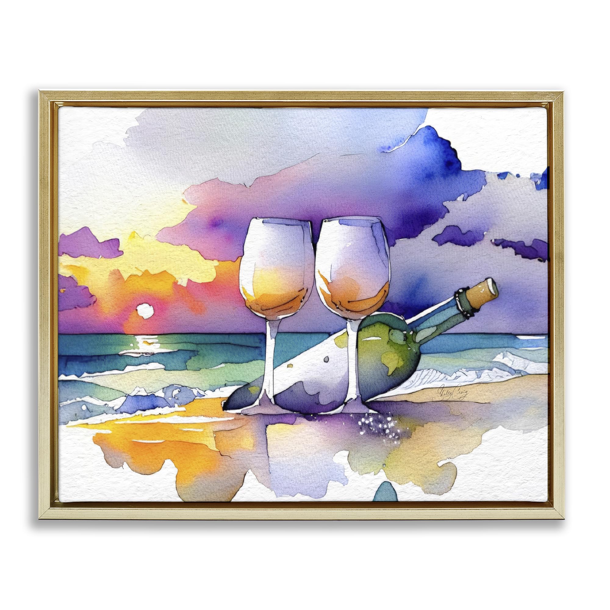 Stupell Industries Metallic Gold (Matte) 'Coastal Cheers With Wine'| Floating Frame Canvas Art