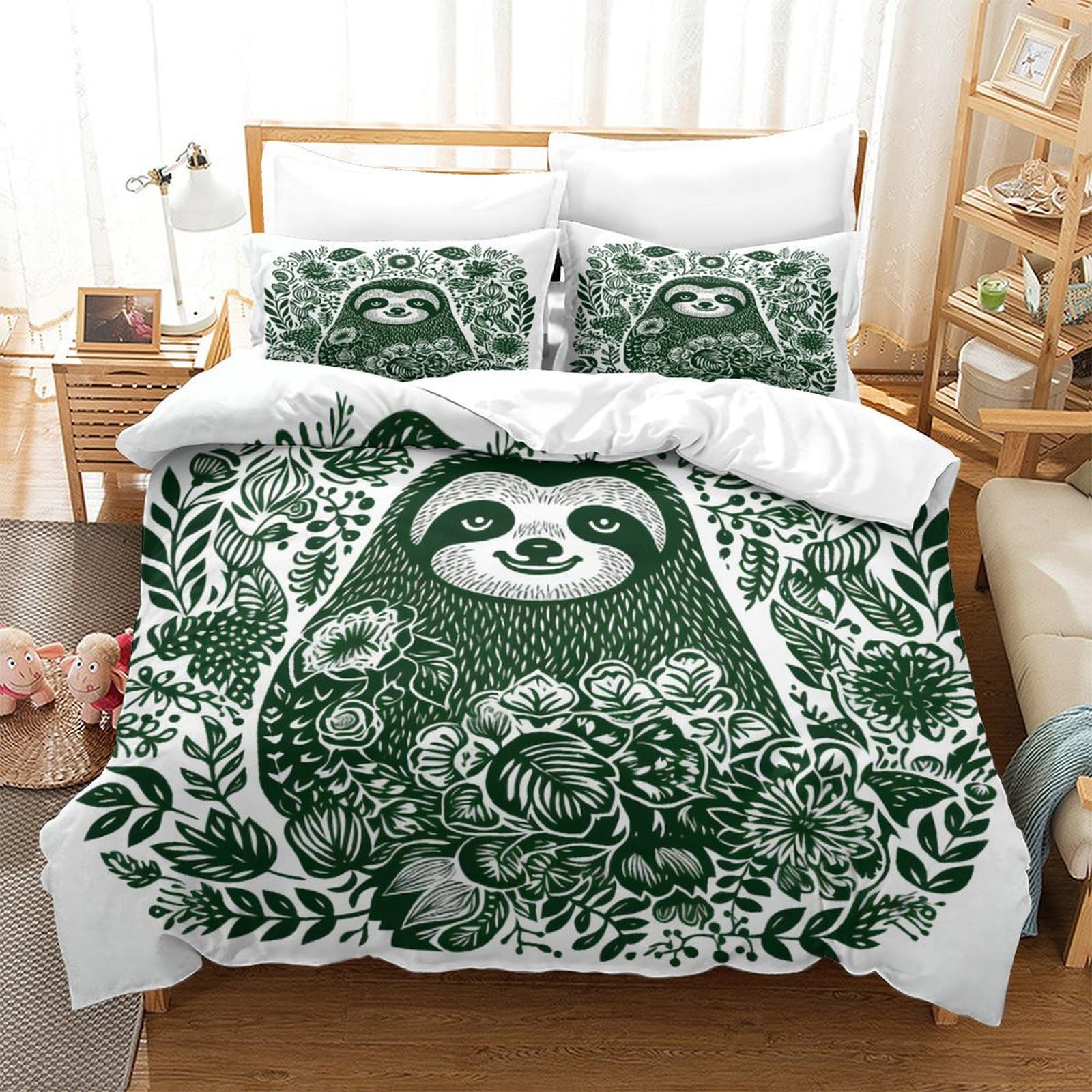P1S9U7W5Y Leaf Relax 3D Printed Sloth Duvet Cover Set 3pcs Microfiber Botanical Bedding Set King