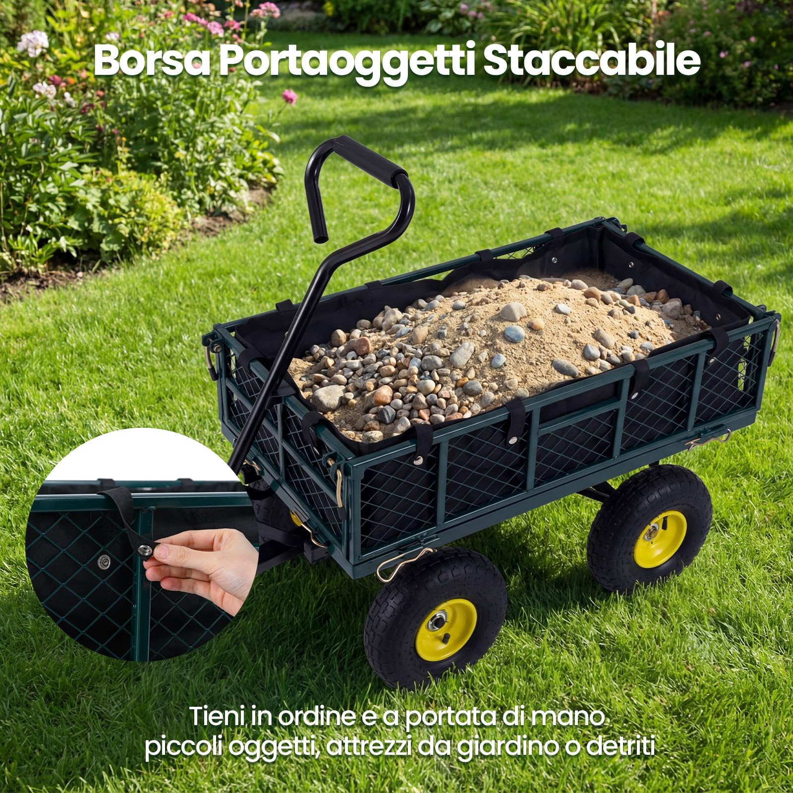 COSTWAY Carrello da Giardino in Metallo, Carretto a Mano con 4 Ruote Pneumatiche, Sponde Rete Rimovibili, Borsa Portaoggetti e Manico Regolabile, Portata 410 kg, per Giardinaggio, Trasporto e Fattoria