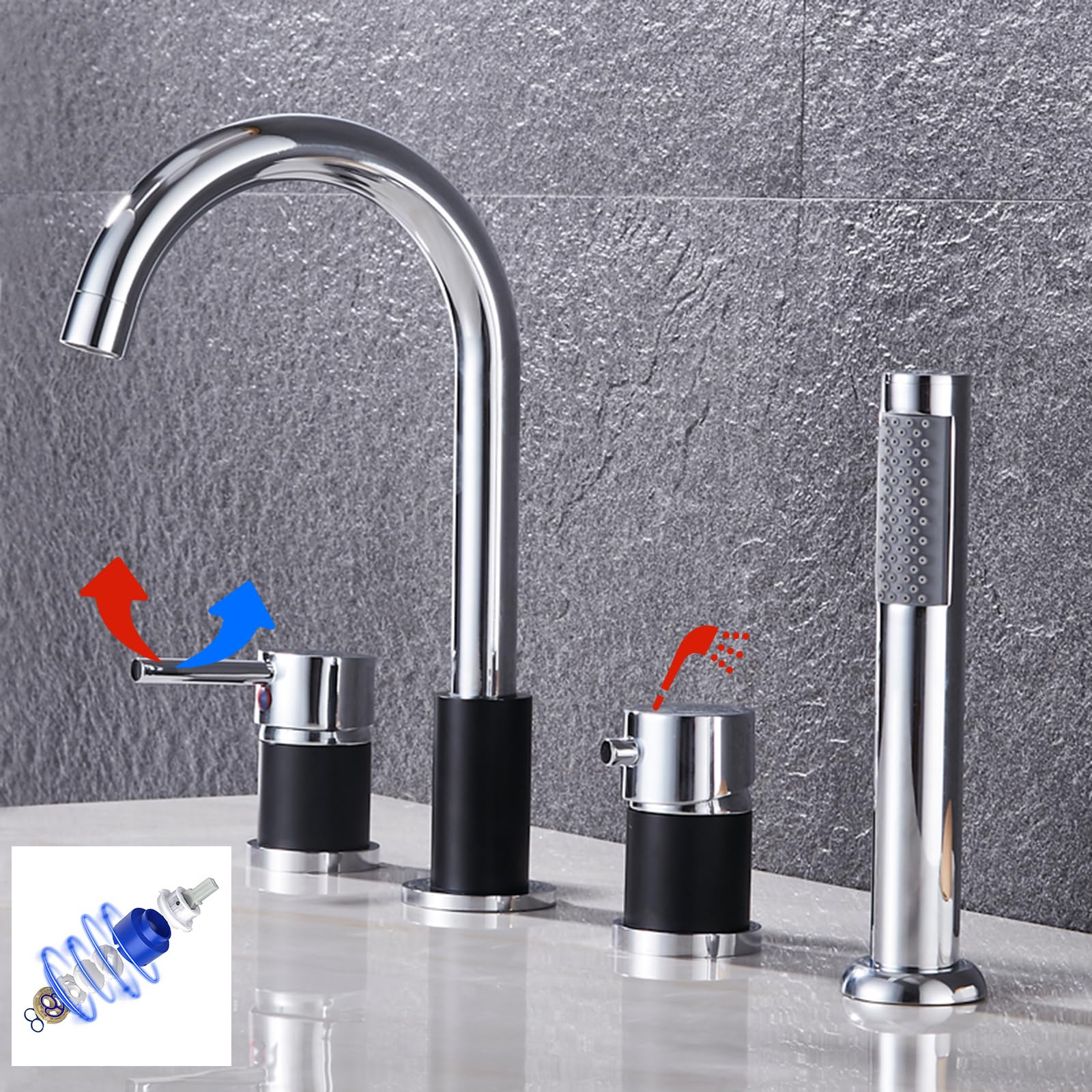 Grifo Mezclador de Bañera Y Ducha de 4 Orificios con Rotación de 360° para Agua Caliente Y Fría de Latón Cromado Y Negro