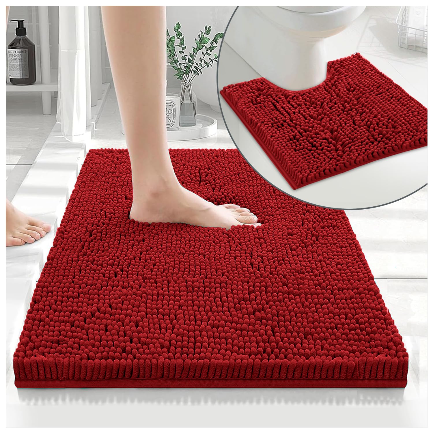 GC GAVENO CAVAILIA Soft Bath Mat Sets For Bathroom | 2 Piece Bath Mat Non Slip Back | Highly Water Absorbent & Fast Drying 100% Microfiber Chenille Toilet Rug with Pedestal Mat | Deep Red โ image 1