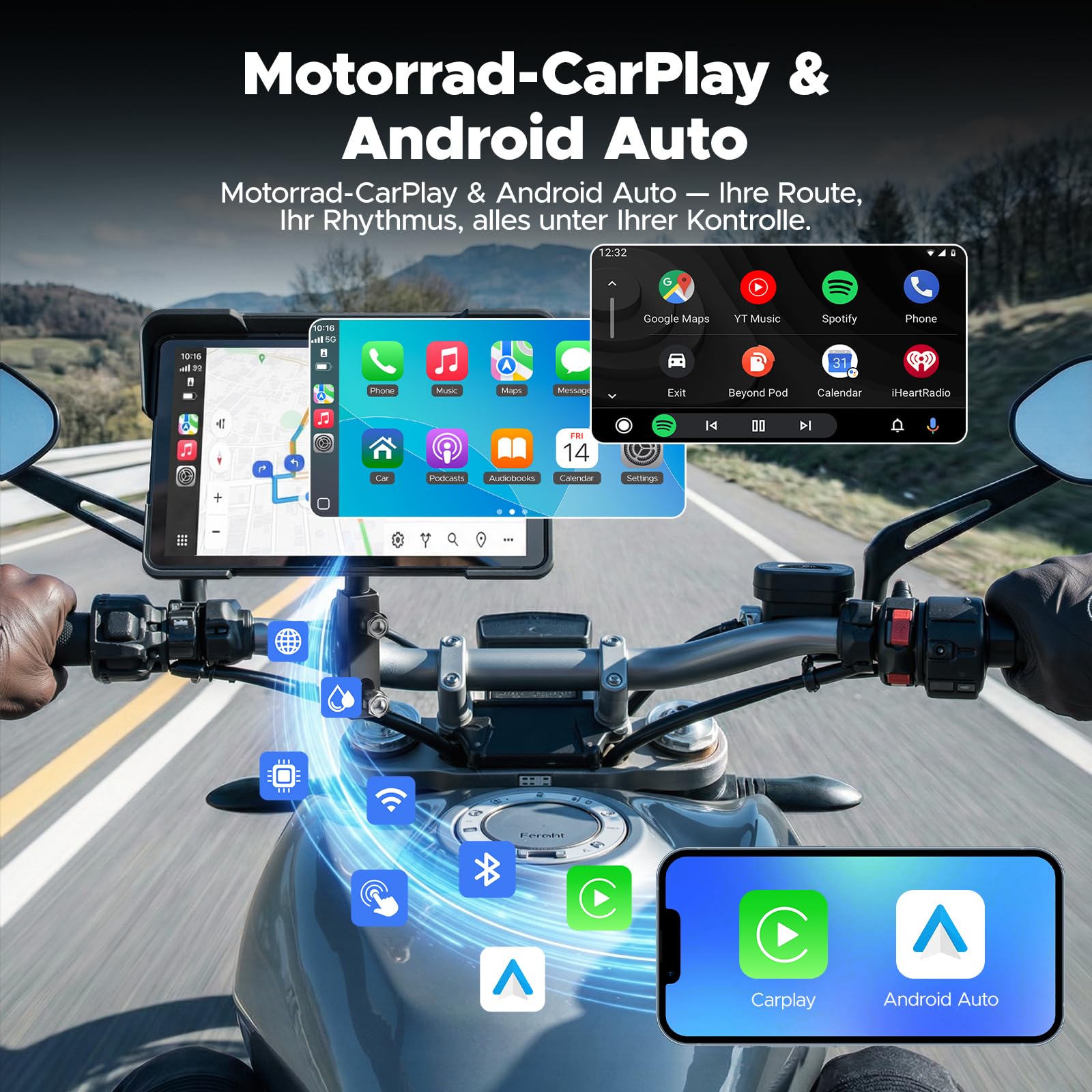 Volam Schermo Carplay per Moto con Senza Fili CarPlay & Android Auto, 7 Pollici Touchscreen Autoradio Portatile per Motocicletta con Navigazione, Doppio Bluetooth