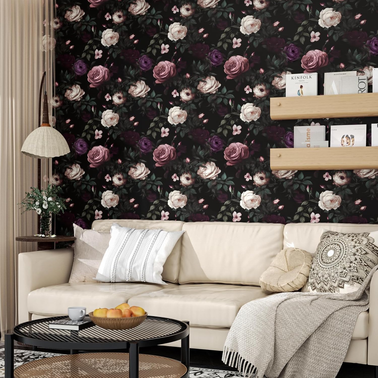 Dark Flower Wallpaper Peel and Stick Vintage Pink Rose Contact Paper 17.4" x 393" Black Floral Waterproof Self-Adhesive Wall Covering for Bedroom Countertop Desk Cabinet