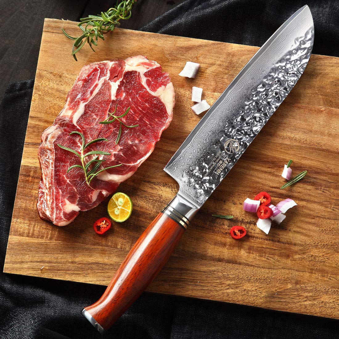 Coltello Santoku Damasco 17 Cm YARENH HTT-serie - Lama 73 Strati, Manico In Legno Dalbergia, Giapponese Professionale