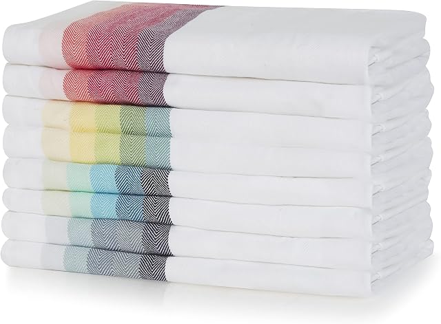 Sticky Toffee 100% Cotton Tea Towel - Mixed Multicoloured Herringbone Stripe Pattern, Pack of 8 | Kitchen Towel Set | Absorbent, Strong, Quick Dry | Home & Bathroom Accessories
