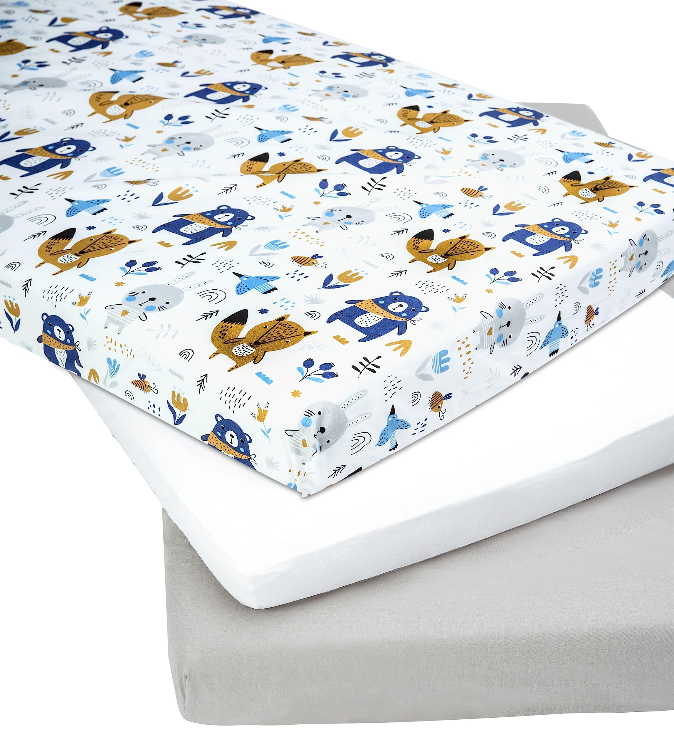 Medi Partners Lenzuola Lettino Set 3 Neonato 60x120-100% Cotone Lenzuolo con Angoli Culla Coprimaterasso fitted Materassino Sheet Letto Bambino Lenzuolino (Boho Animals-Bianco-Grigio)
