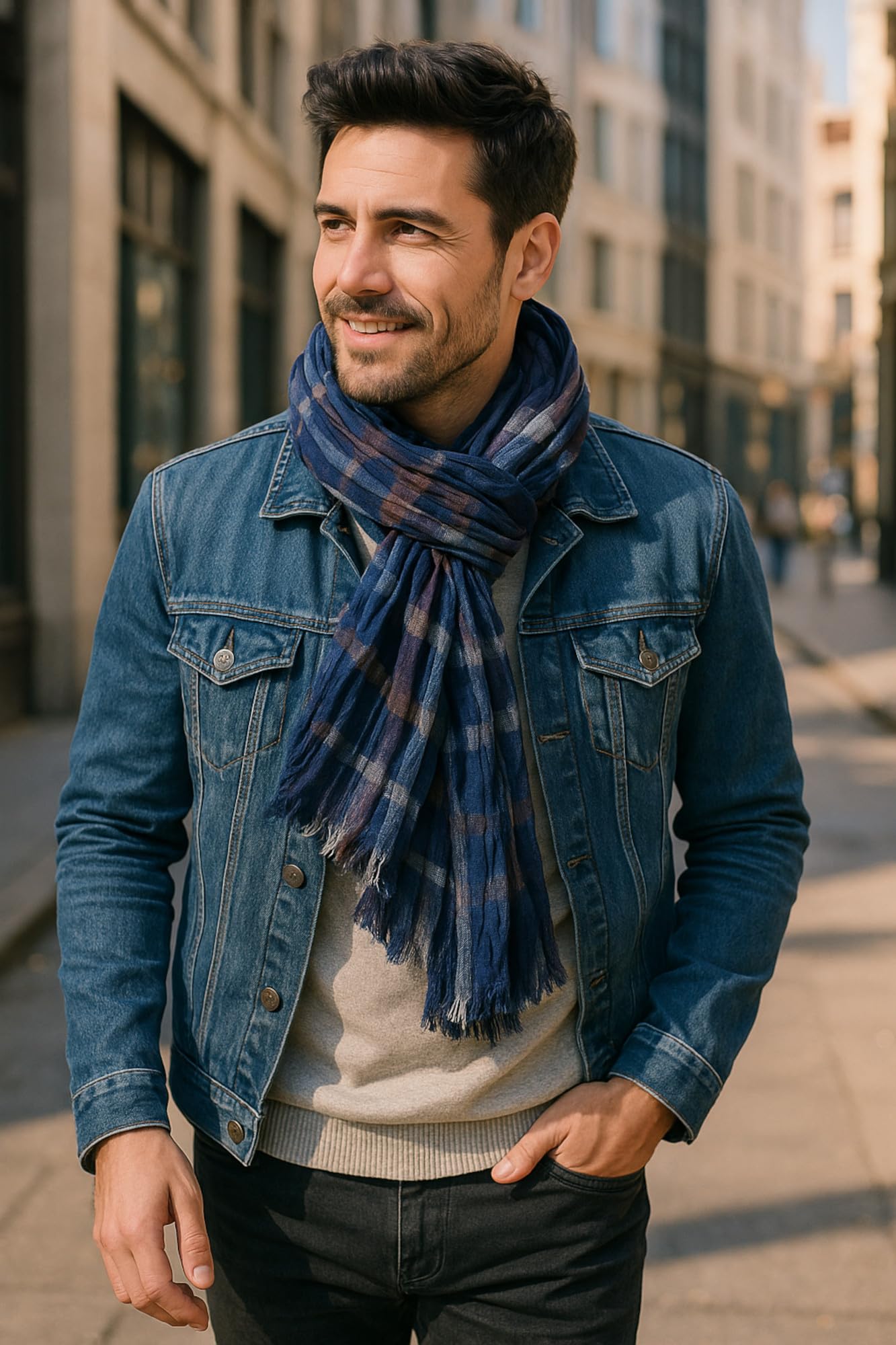 Ella Jonte schöner weicher Herrenschal Casual-Style blau beerenfarben gestreift Viskose