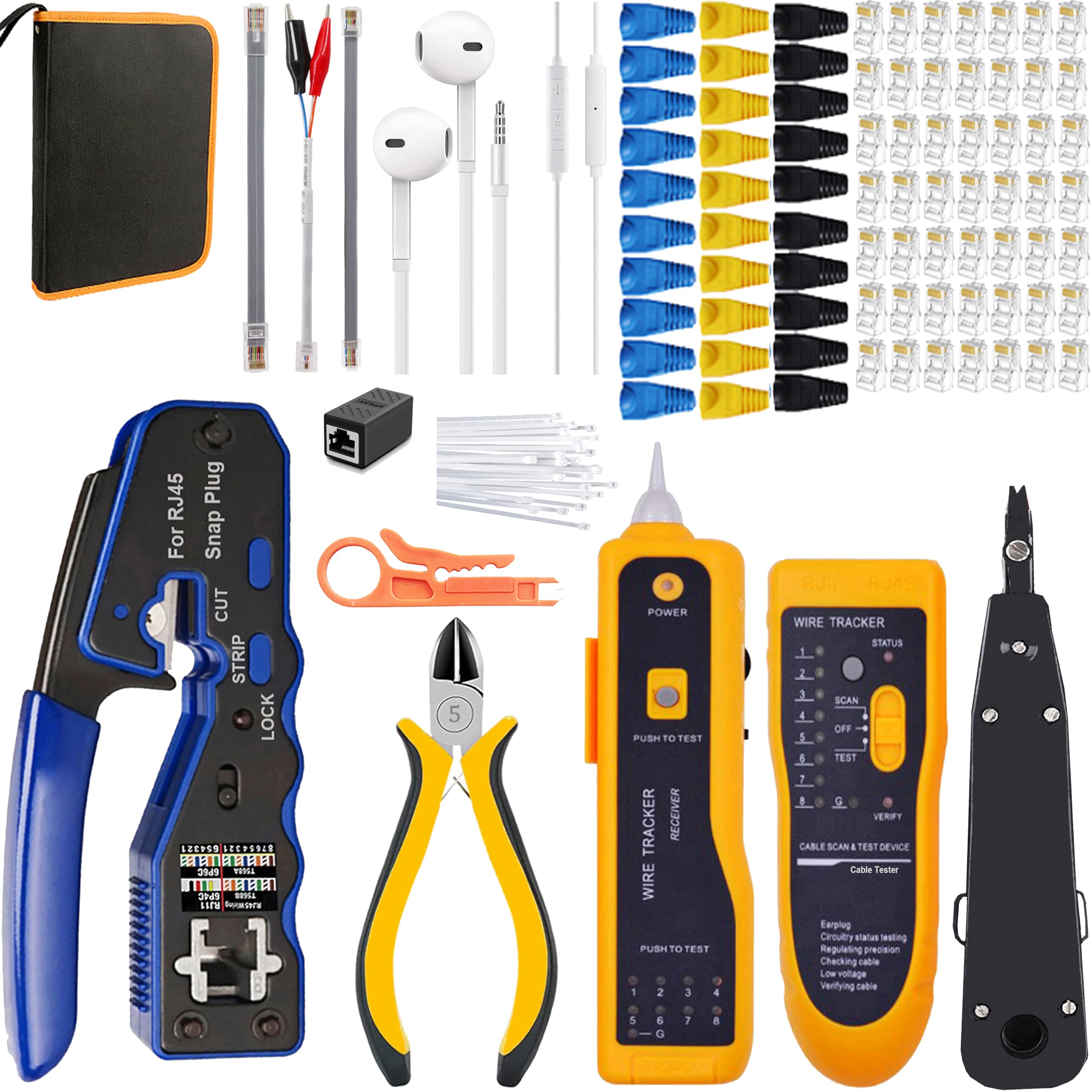LEATBUY Ensemble d'outils à sertir RJ45 pour RJ11/RJ12 Cat5/Cat5e/Cat6 avec 50 connecteurs et 50 housses pour dénuder les câbles réseau (gris)