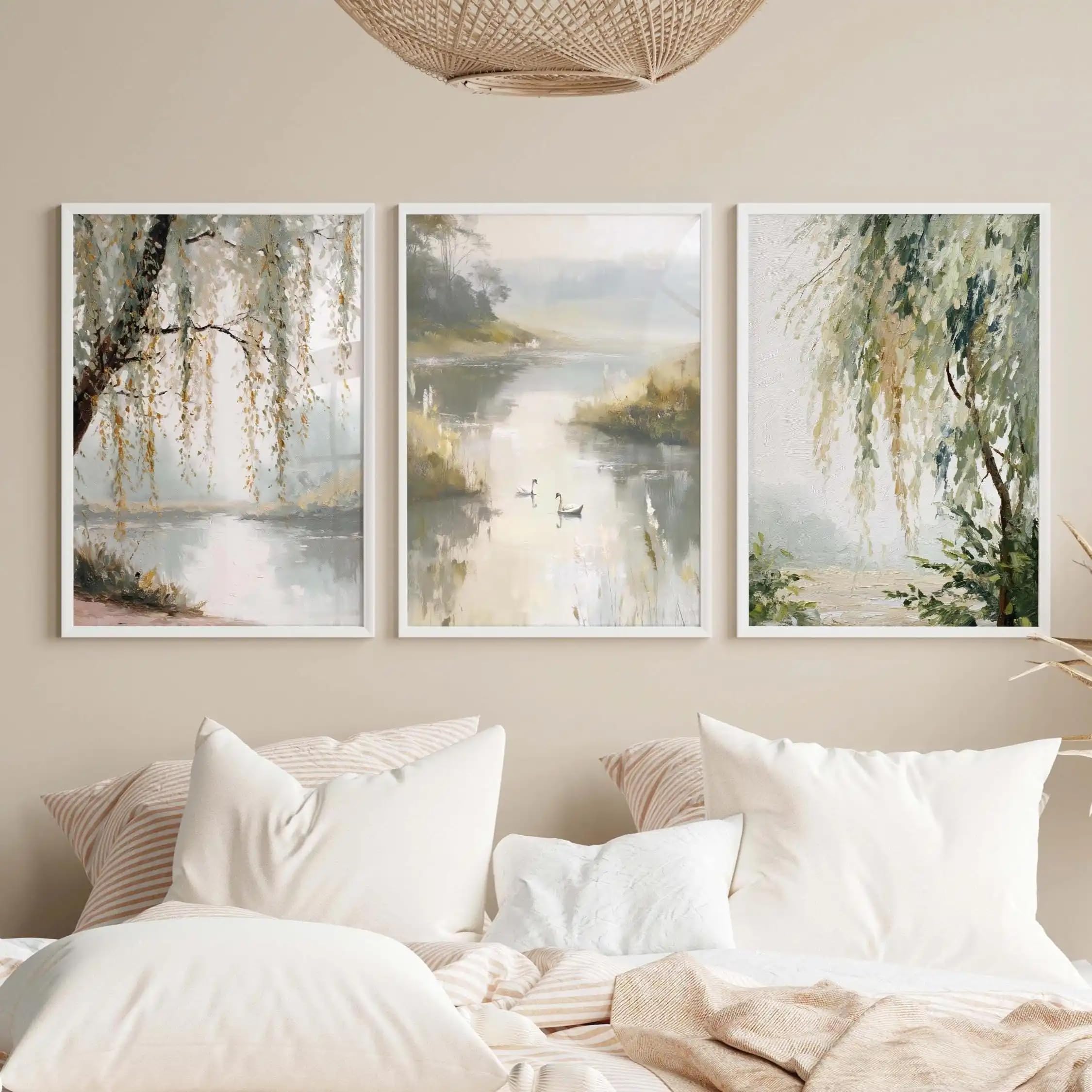 Póster artístico Willow Tree Countryside, arte para sala de estar en verde salvia, arte para dormitorio en verde oscuro, impresiones en lienzo (30x40cm x 3/marco interno)