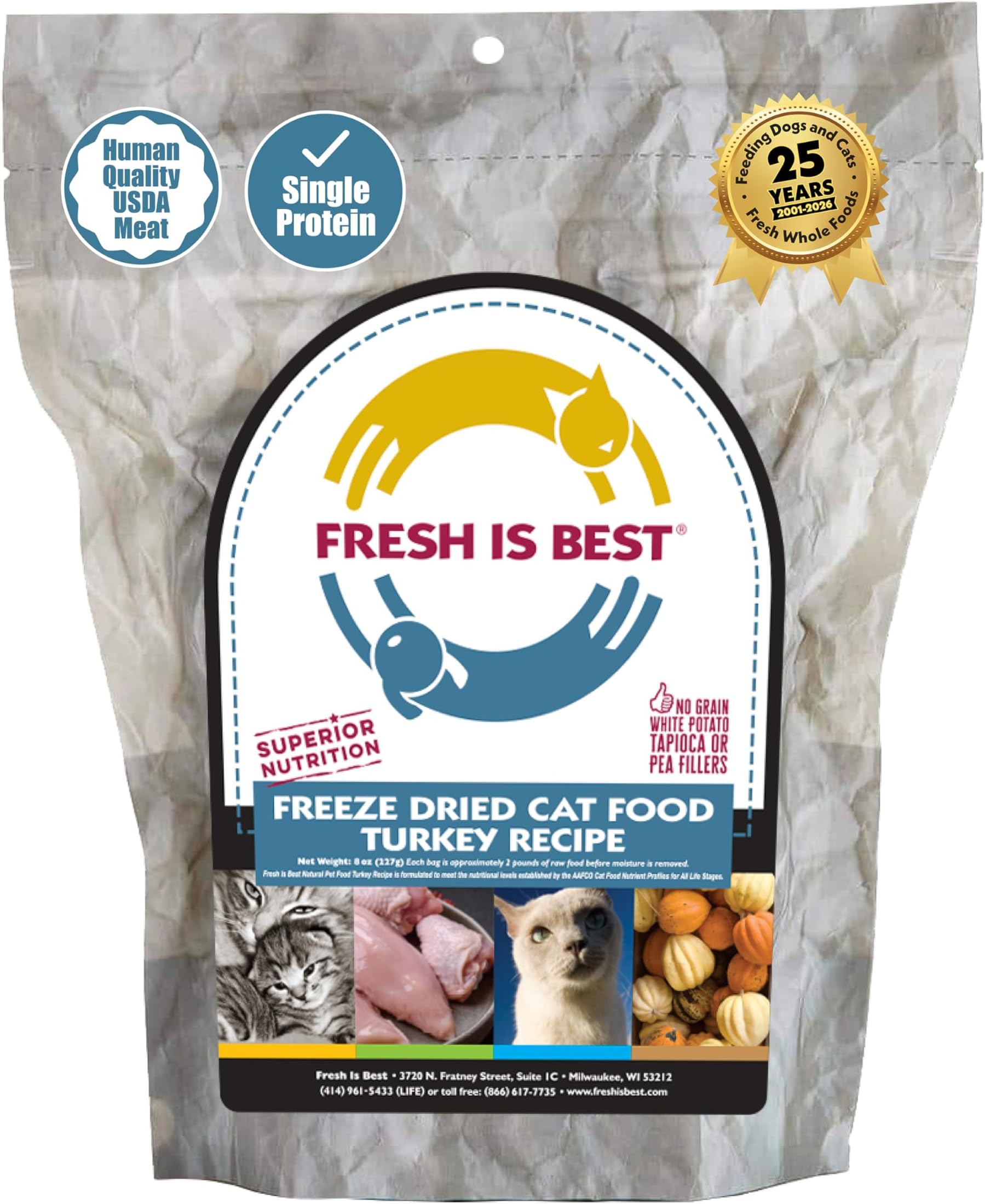 Fresh Is Best Turkey Freeze Dried Cat Food – Raw Healthy Freeze Dried Cat Treats in Resealable Zipper Bag – High-Protein Complete Meal for All Breeds and Sizes – Made in the USA
