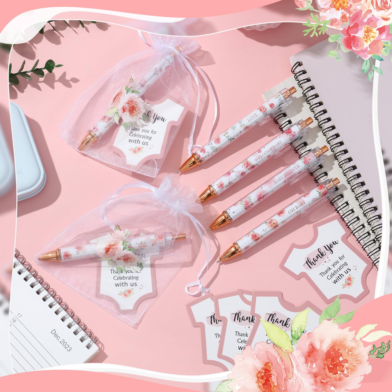 Chuangdi 50 juegos de recuerdos de baby shower, incluye 50 bolígrafos, tarjetas de agradecimiento y bolsas de organza