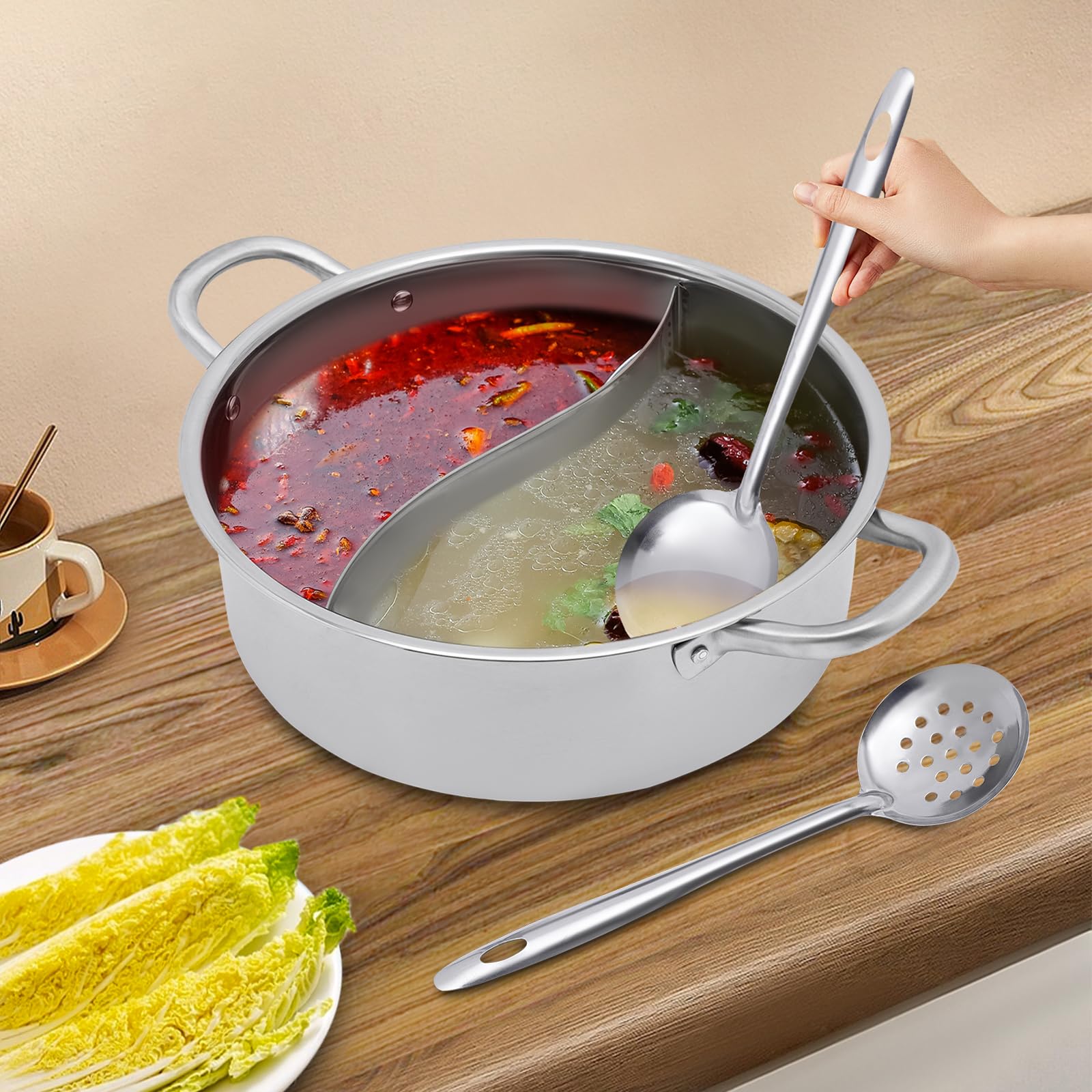 MINRS 304 acciaio inossidabile alimentare shabu 30 cm mandarino duck hot pot con coperchio e cucchiaio, due camere shabu shabu acciaio inox pentola profonda utilizzata con fornello a induzione argento
