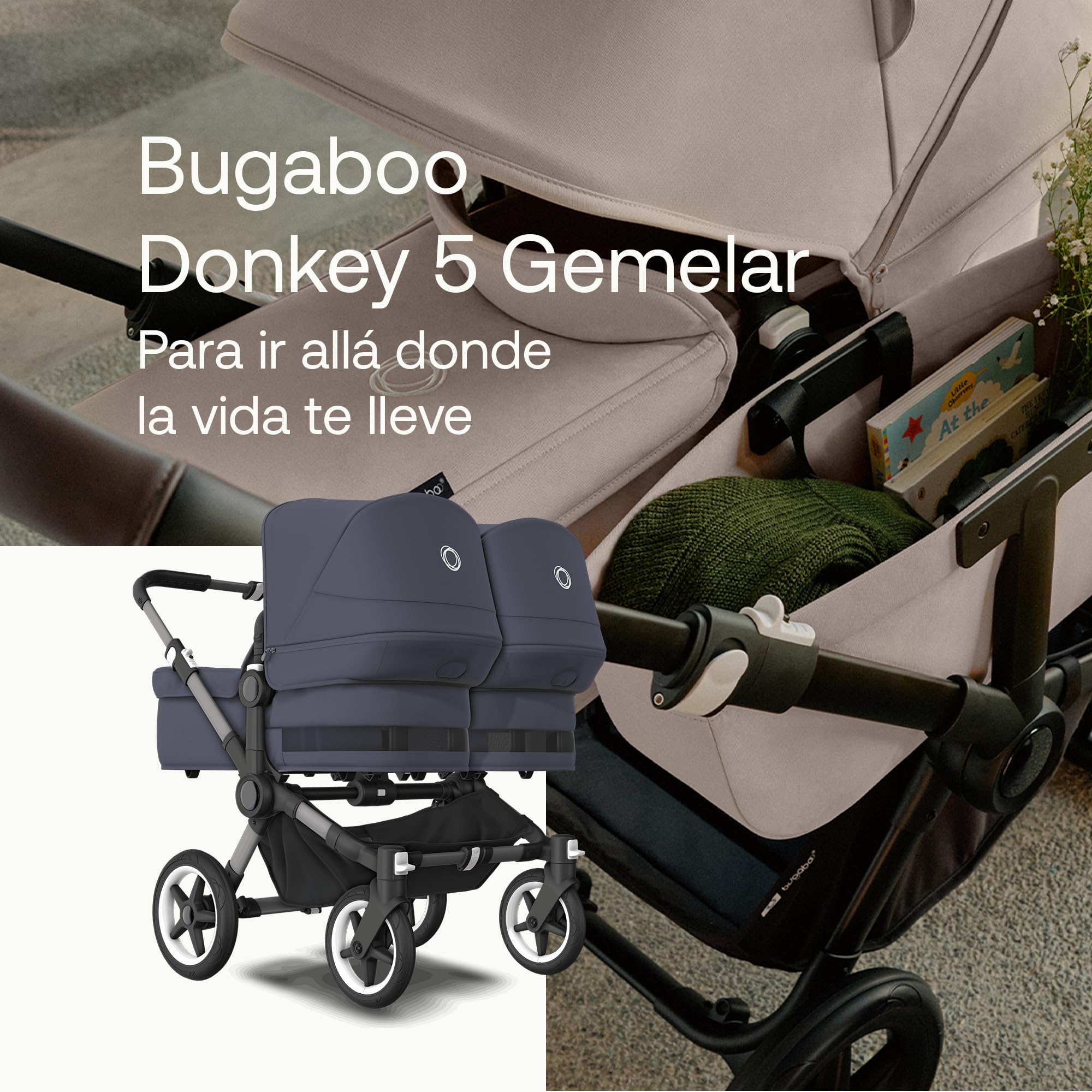 Bugaboo Juego de Extensión Donkey 5 Twin, Convierte tu Donkey 5 Mono en un carrito Twin, De Lado a Lado, Diseño Mejorado, Silla Reversible y Dirección a Una Mano, Stormy Blue