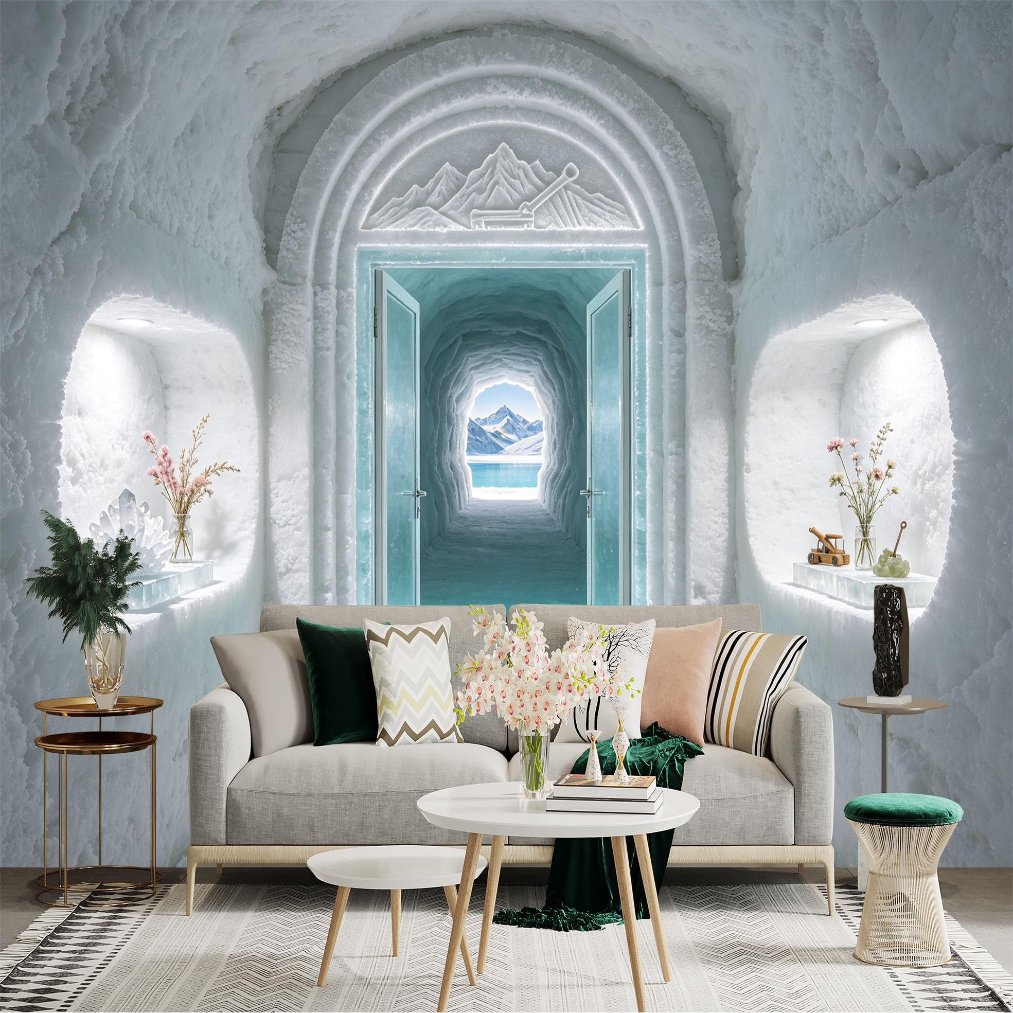 Custom Size Wall Sticker Mural， Ice Cave Tunnel with Snow Mountains and Frozen Lake， for wall Decoration， peelandstick wall Decals.
