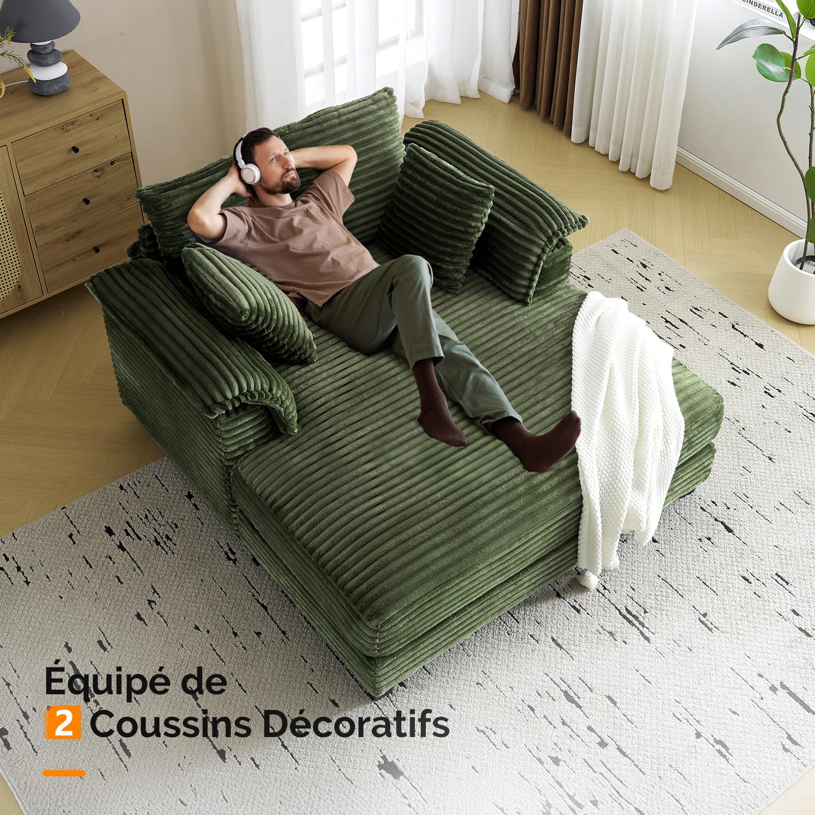 VINGLI Canapé-Lit 2 Place, Fauteuil Longue Confort, Méridienne avec Accoudoirs Courbés, Grand Sofa Accompagné avec Coussins Lombaire, Lit d'Appoint pour Salon, 142 x 151 x 86 cm, Velours Côtelé, Vert