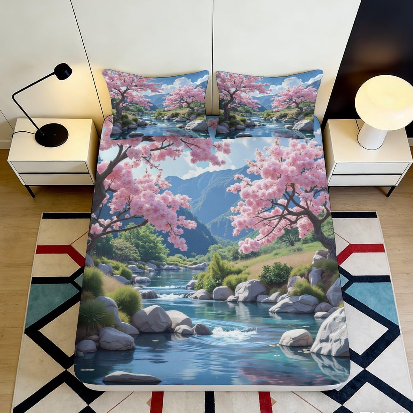 Pnayamiorkfel Style-9 3D Printed Cherry Blossom River Fitted Sheet Microfiber Soft Scenic Bed Cover For Bedroom Guest Room Decor 90X200x25cm