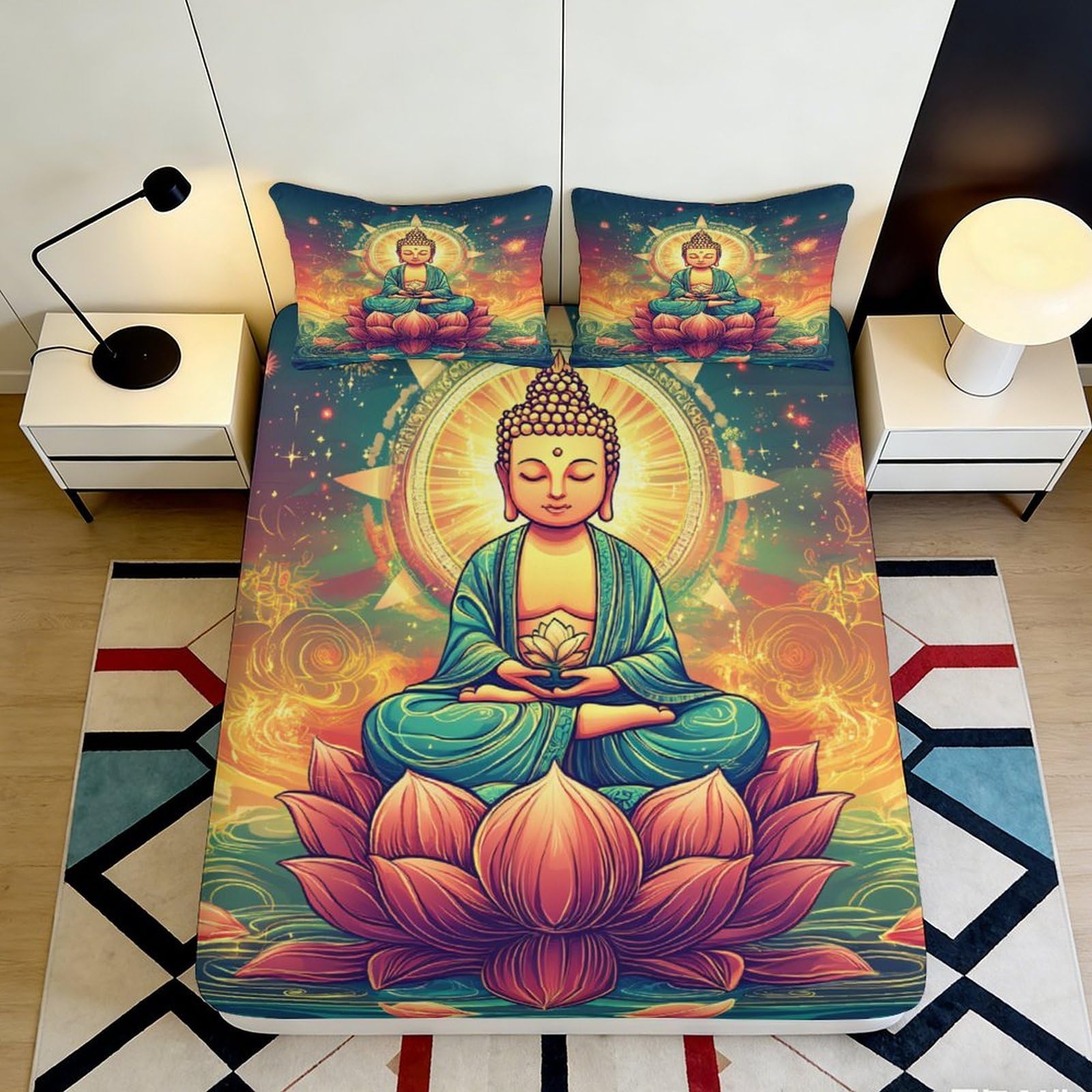 3D Printed Colorful Buddha Lotus Fitted Sheet Microfiber Soft Breathable Spiritual Mandala Bed Cover for Bedroom Dormitory Guest Room Mattress Protection 90x200x25cm