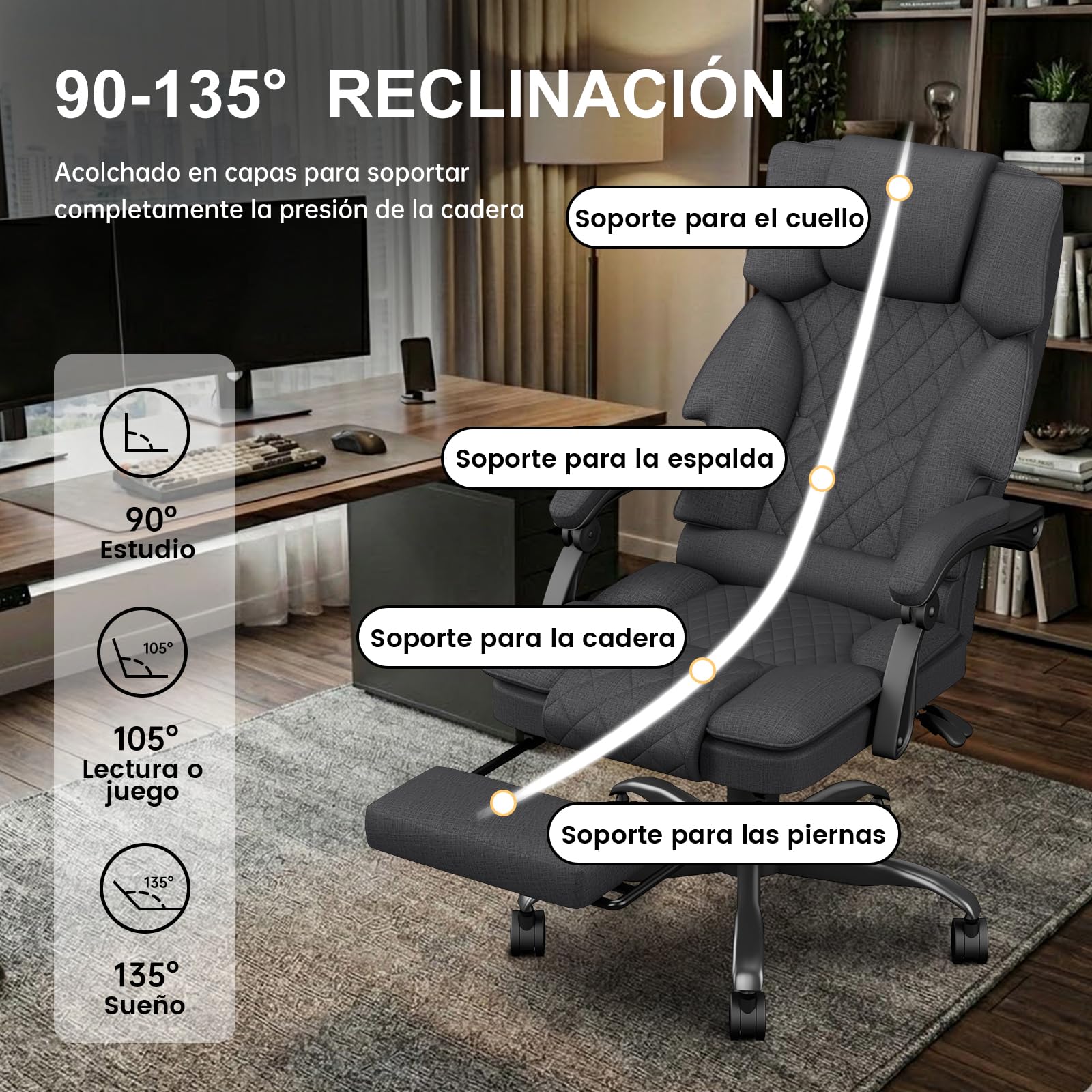 Silla de Oficina Ergonómica con Reposapiés de Tela, Silla Escritorio de Altura Regulable Silla de Escritorio, Silla Oficina para Oficina en Casa con Respaldo Ajustable, Silla Gaming, Gris Oscuro