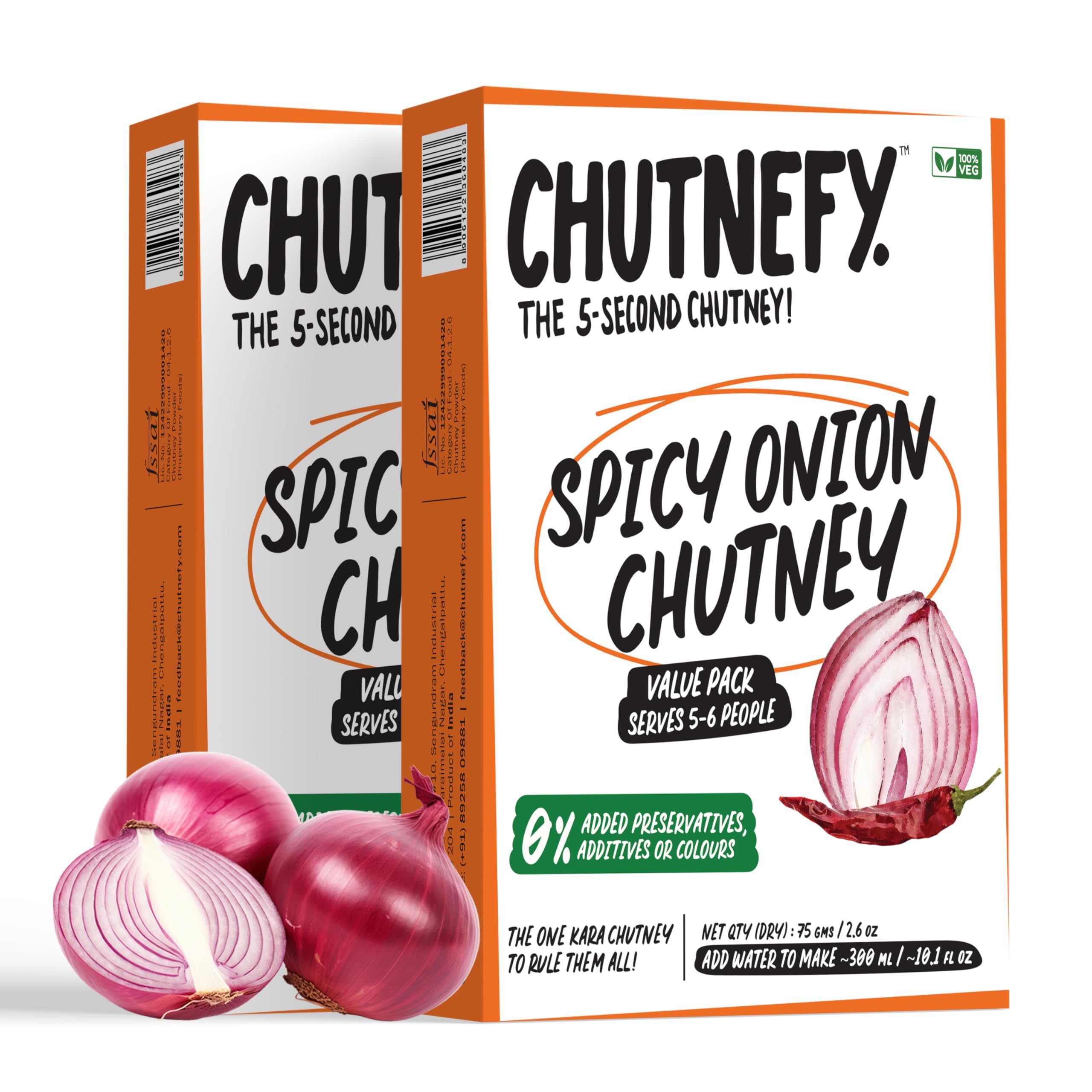 Chutnefy Spicy Onion Chutney (Kara Chutney) | Pack of 2 * 2.6oz (Dry) | Serves 5 - 6 (~10.1fl oz) Each | Delicious & Ready to Eat Instant Chutney - Just Add Water | Zero Artificial Ingredients