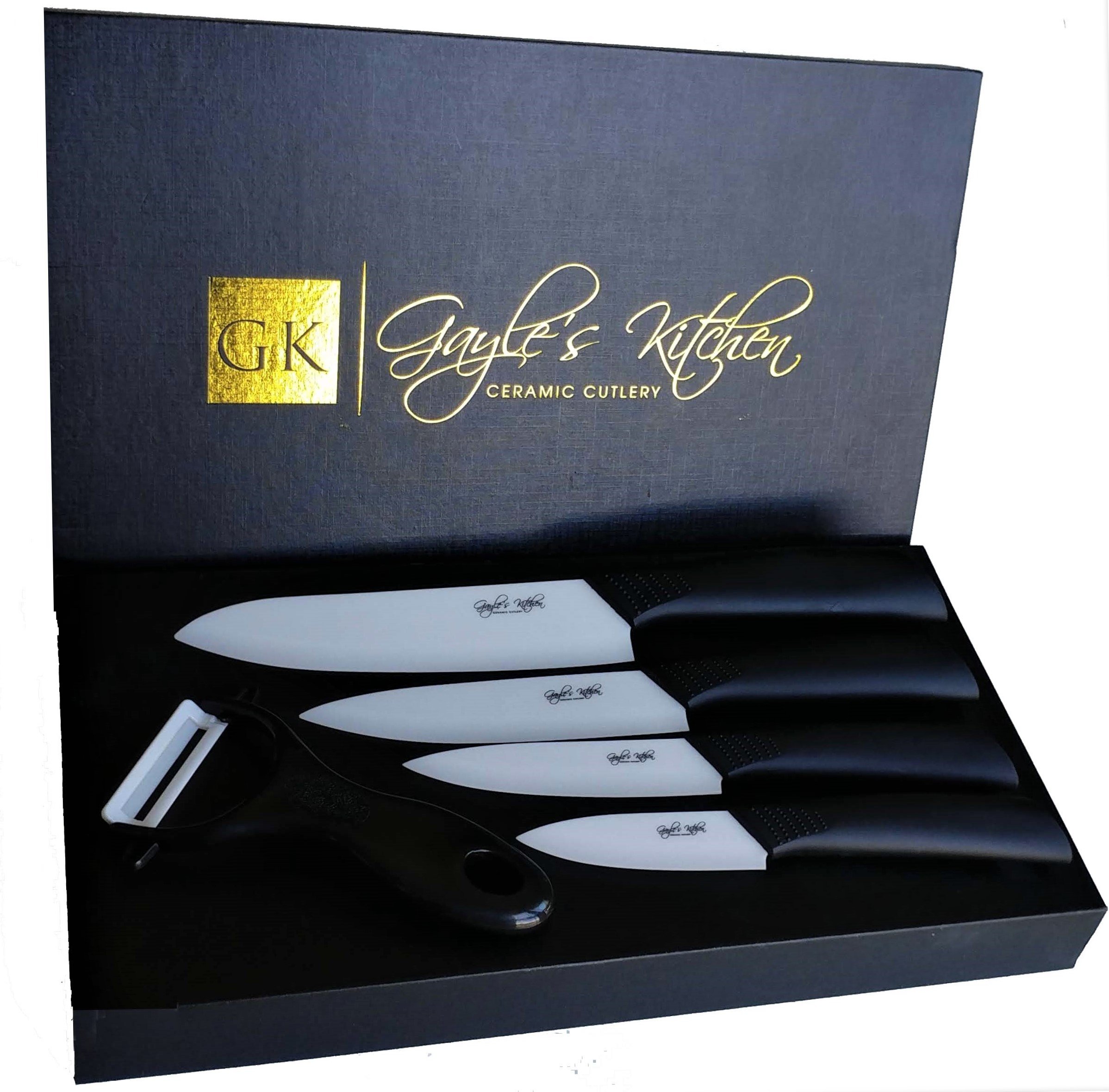 5 Piece Black Ceramic Knife Set - Kitchen Knife Set - Black Handles, White Blades. Includes 3”, 4”, 5”, 6” Ceramic Knives, Matching Sheaths and a Matching Vegetable Peeler in a Gift Box (Black)