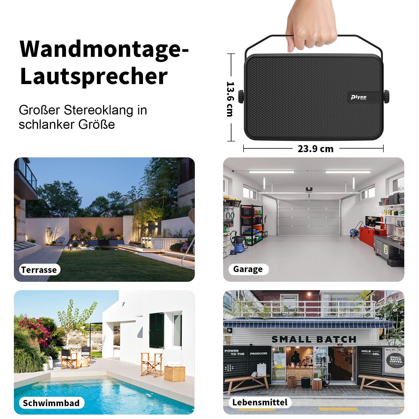 Bluetooth-Lautsprecher für den Außenbereich, Aktive + Passive Wandlautsprecher, Aux-Eingangsunterstützung, Integrierter Verstärker, Geeignet für Terrasse, Veranda, Garage, Pool, 2er-Pack
