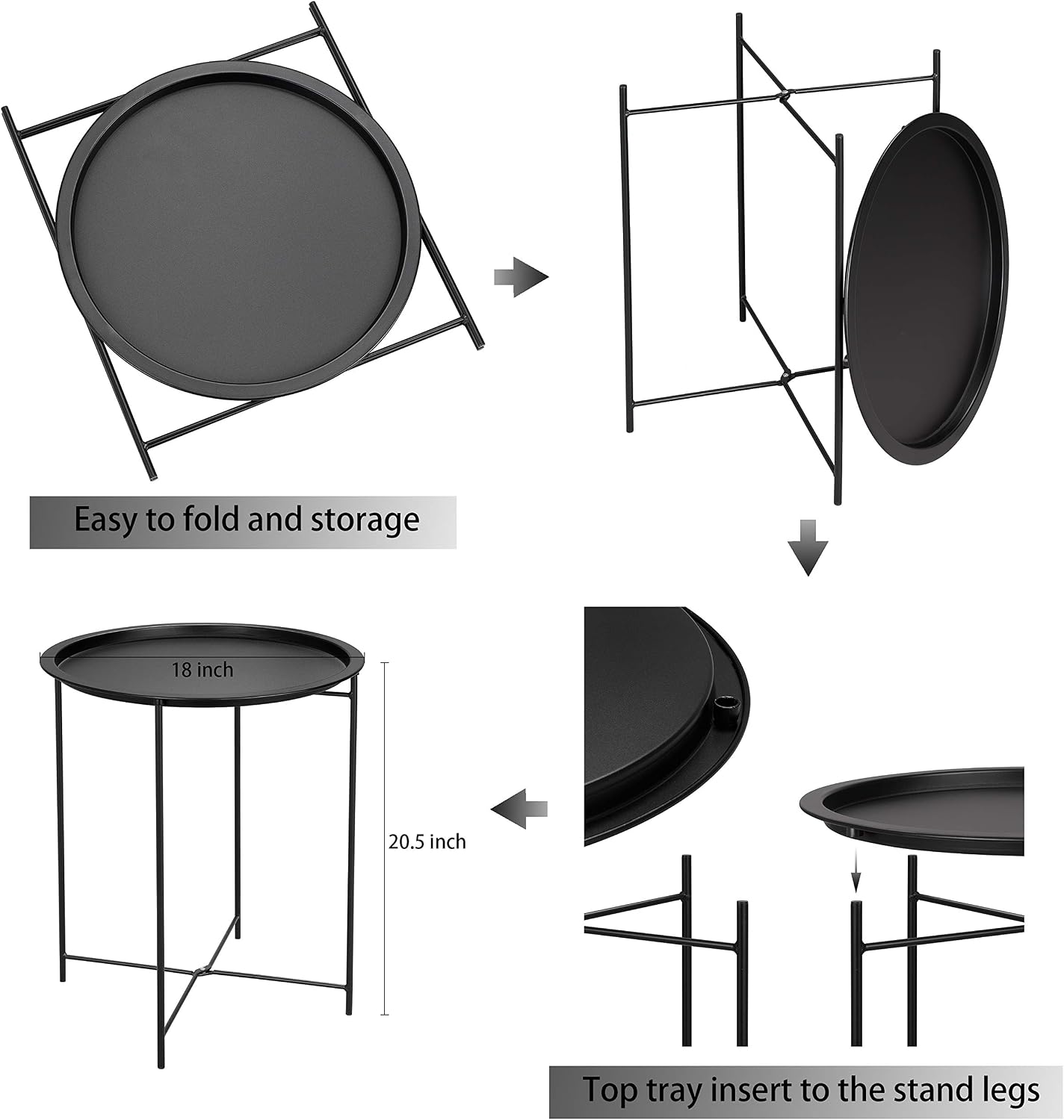 Finnhomy Folding Tray Side Table, Metal Side Table, Sofa End Table, Snack Round Table, Accent Coffee Table,Night Stands, Anti-Rust and Waterproof, Multi-use for Living Room/Bedroom/Balcony, Black