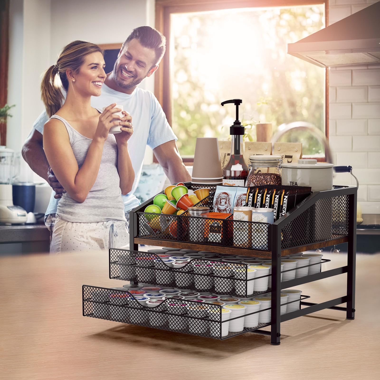 BBLIKE Organizer per bar da caffè, stazione per il piano di lavoro, in metallo e legno, cestino portaoggetti per capsule di caffè, sciroppo, tazze, bacchette, spezie di caffè, organizer per tè