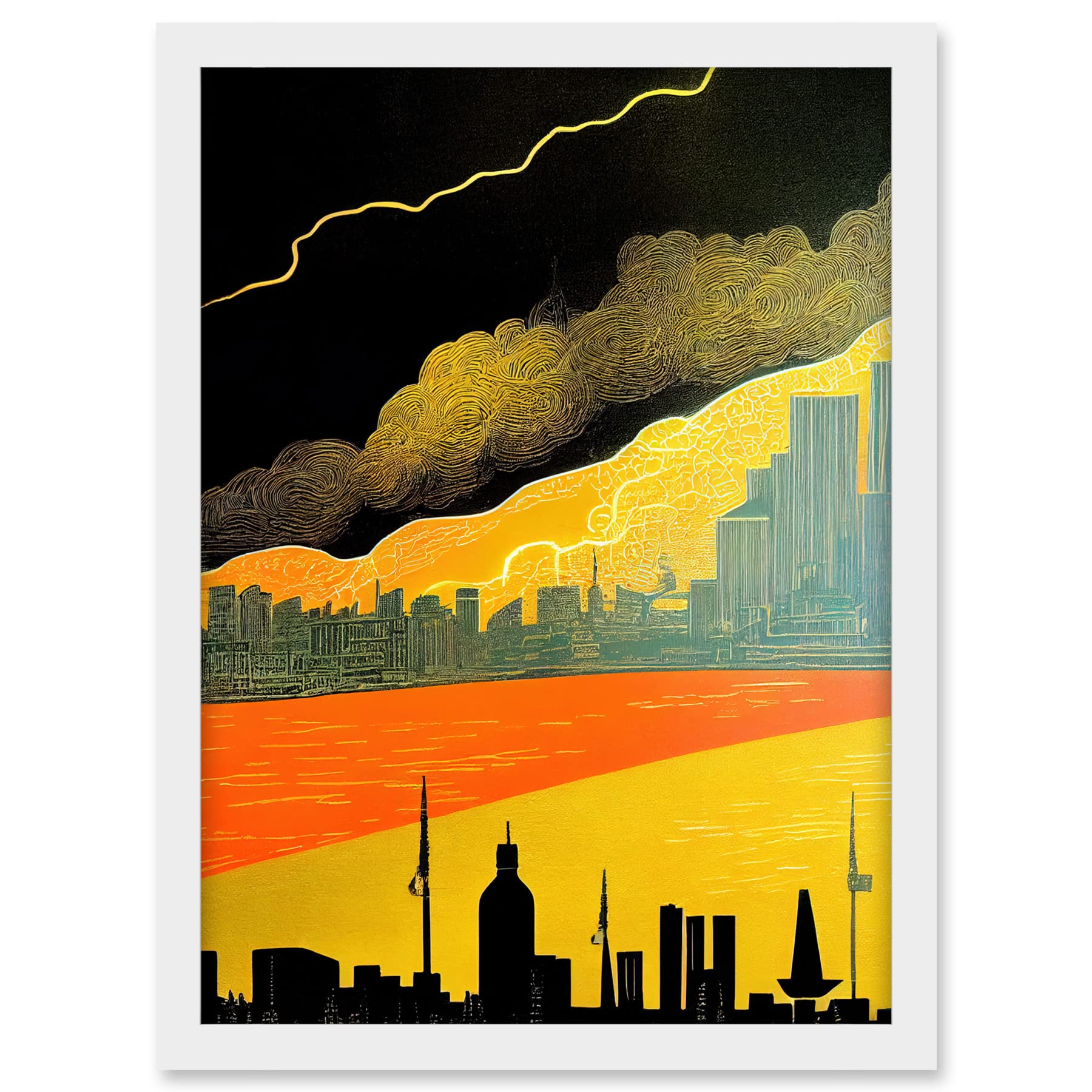 Wee Blue Coo Modern Black Yellow Orange Linocut London Skyline Cityscape Storm Lightning Artwork Framed A3 Wall Art Print