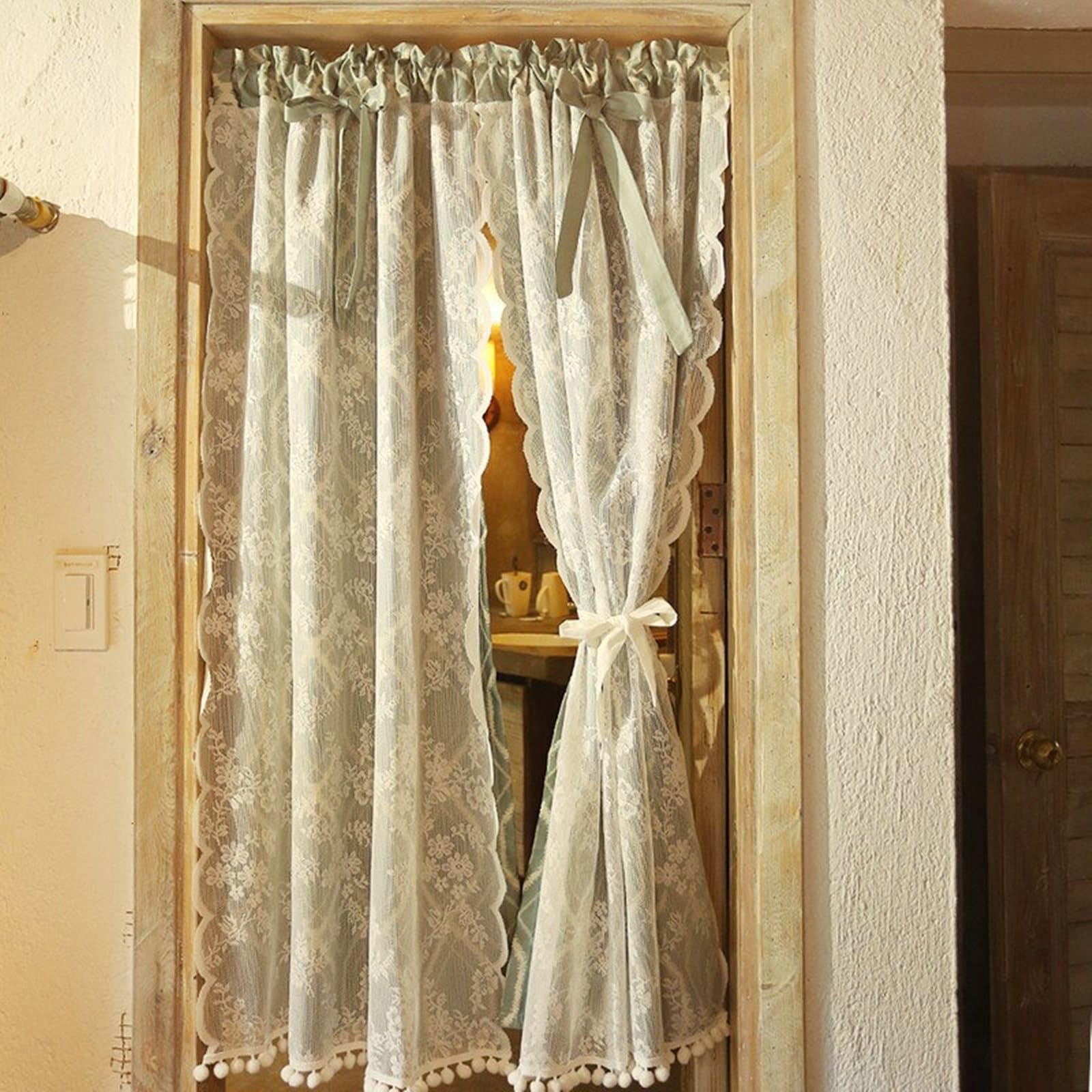 AMDXD Visillos opacos para baño, color azul claro, blanco, 65 x 100 cm, doble capa con encaje y geometría, visillo moderno, 2 piezas, juego de 2 unidades, cortina opaca de poliéster con bolsillos