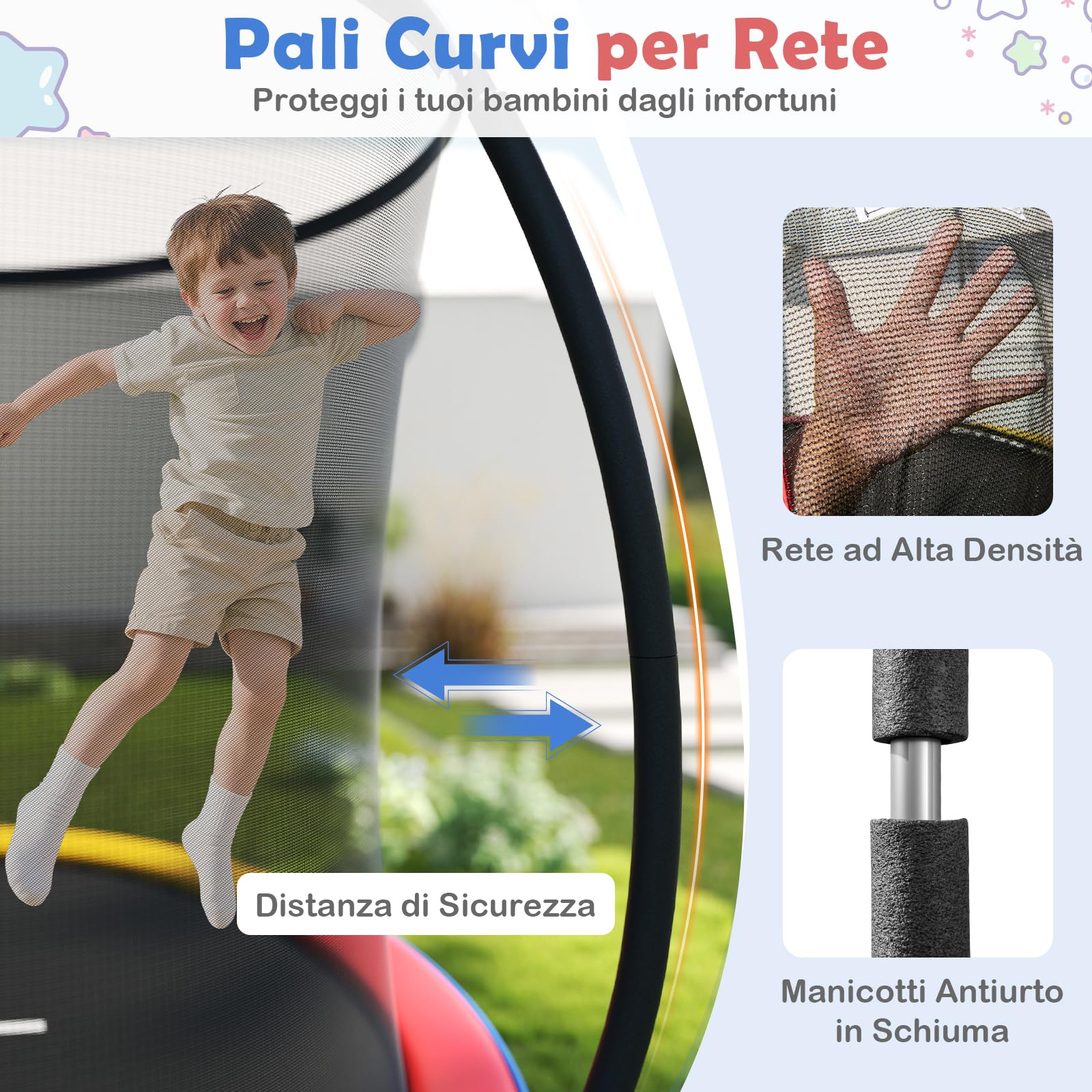 COSTWAY Trampolino Elastico per Bambini e Adulti 244 cm/305 cm/366 cm, Tappeto Elastico da Esterno con Rete di Sicurezza, Scala e Telaio in Acciaio Zincato Antiruggine