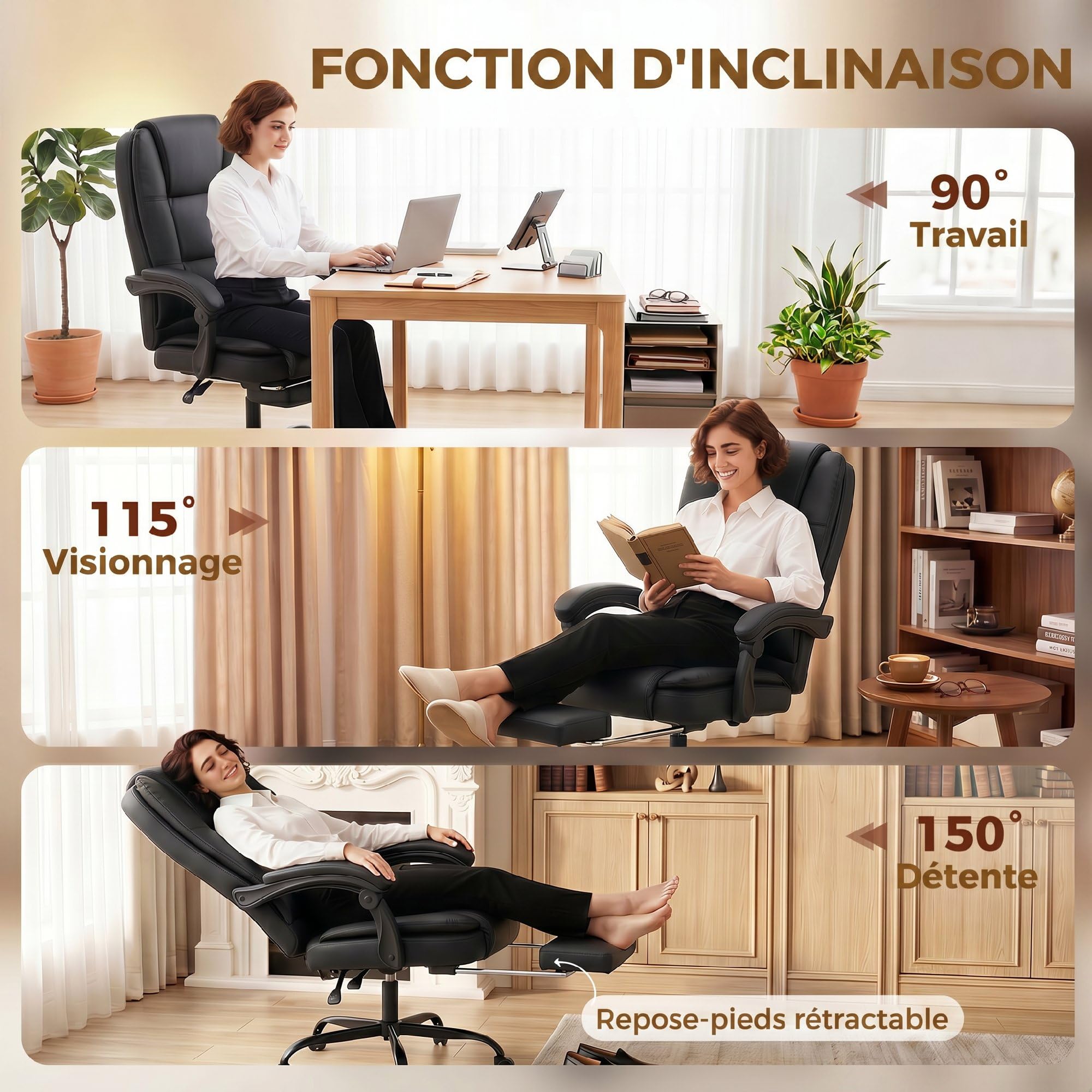 HOMCOM Chaise de Bureau Ergonomique Inclinable en PU, Repose-Pieds, Noir