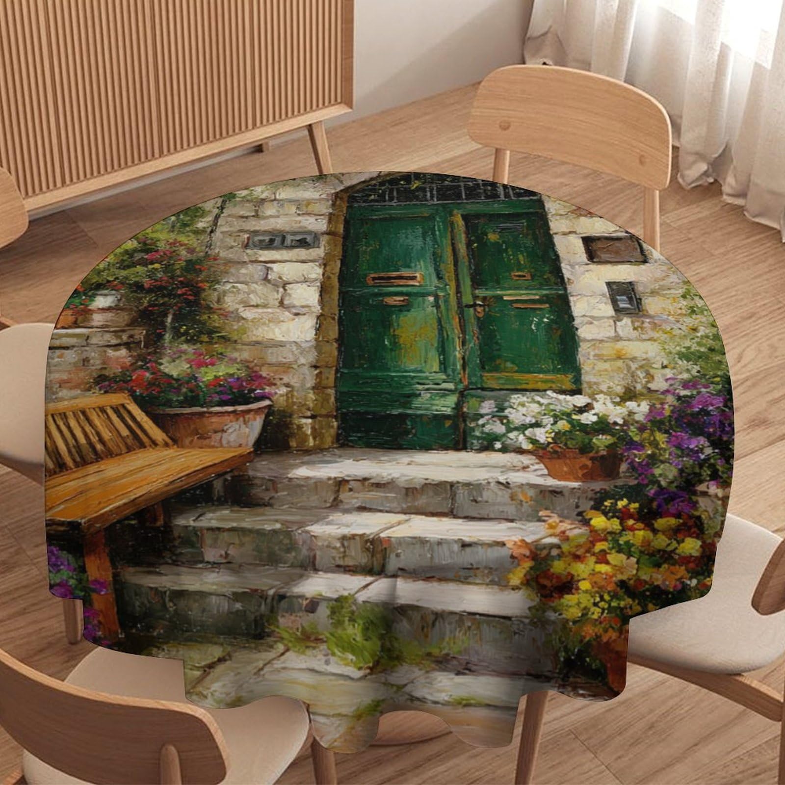 LUYYSKY Beautiful Classic Wooden Door Waterproof Round Tablecloth Retro Watercolor Italian Spring Garden Plant Floral Pattern Washable Table Cover for Kitchen-91.4" Wx91.4 L cm