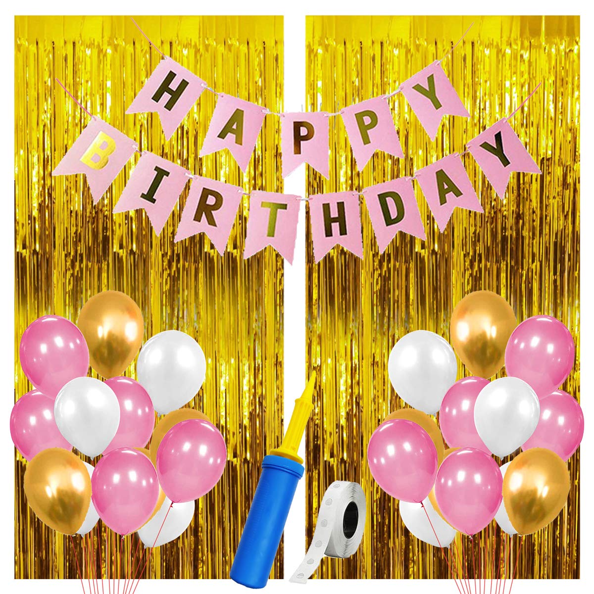 Party Propz Pink Happy Birthday Decoration Combo Set 35Pcs For Girls Kids Party Supplies Banner (cardstock) Balloon Foil Curtain Hand Balloon Pumo And Glue Dot