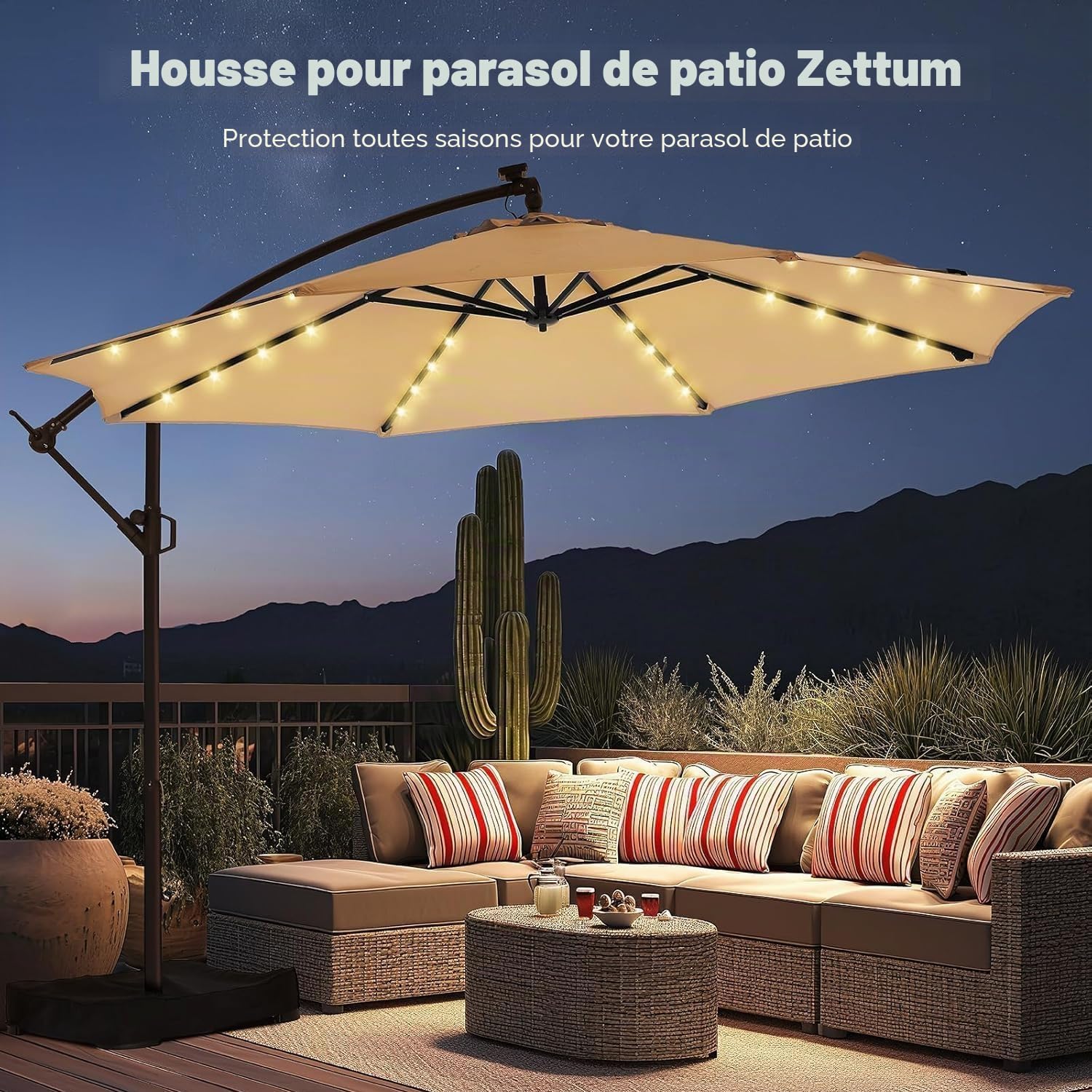 Zettum Housse de Protection pour Parasol 2 à 3 M, Housse Imperméable pour Parasol Cantilever avec Tige, Revêtement PU Oxford 600D Résistant aux UV 215 x 30 x 66/44 cm