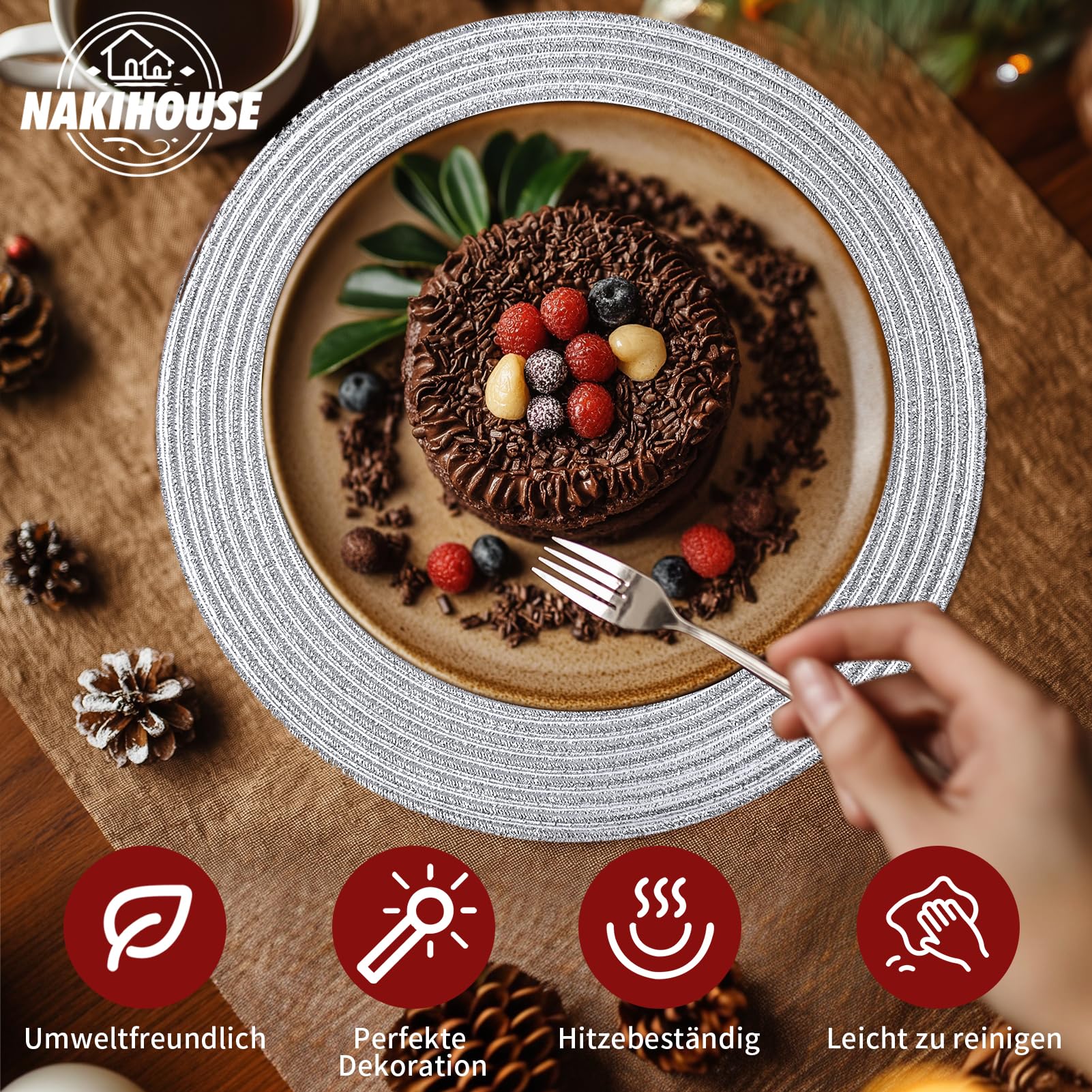 Tischsets Abwaschbar Rund Geflochten Silber Tischset 12er Set | 38cm Platzsets Abwischbar, Rutschfest, Hitzebeständig Schmutzabweisend Platzdeckchen für Hochzeit, Restaurant, Küche