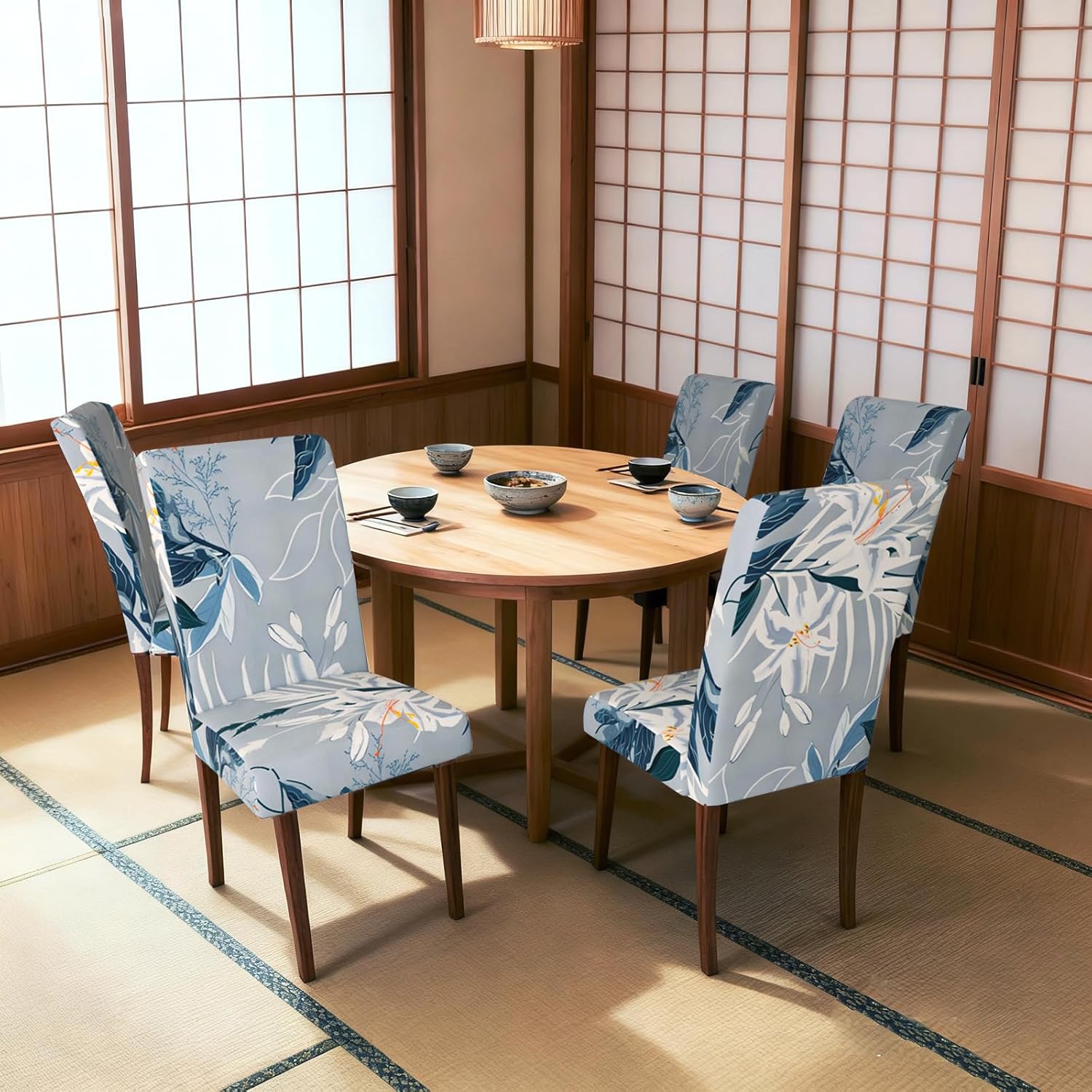 Chair Covers Dining Room Set of 6,Printed Patterned Stretch Non Slip Chair Slipcover Removable Washable Kitchen Chair Protector Cover for Home Hotel Banquet Party Office (Light Gray White Blue Leaf)
