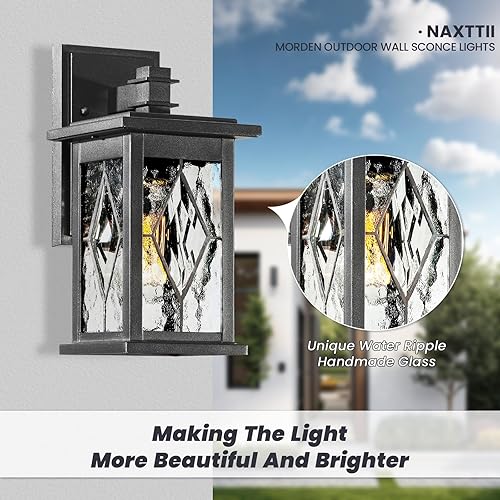 Miniatura 3 de Aplique de pared al aire libre con ondas de agua negro mate, pantalla de vidrio hecha a mano, impermeable, luz de porche al aire libre, montaje en