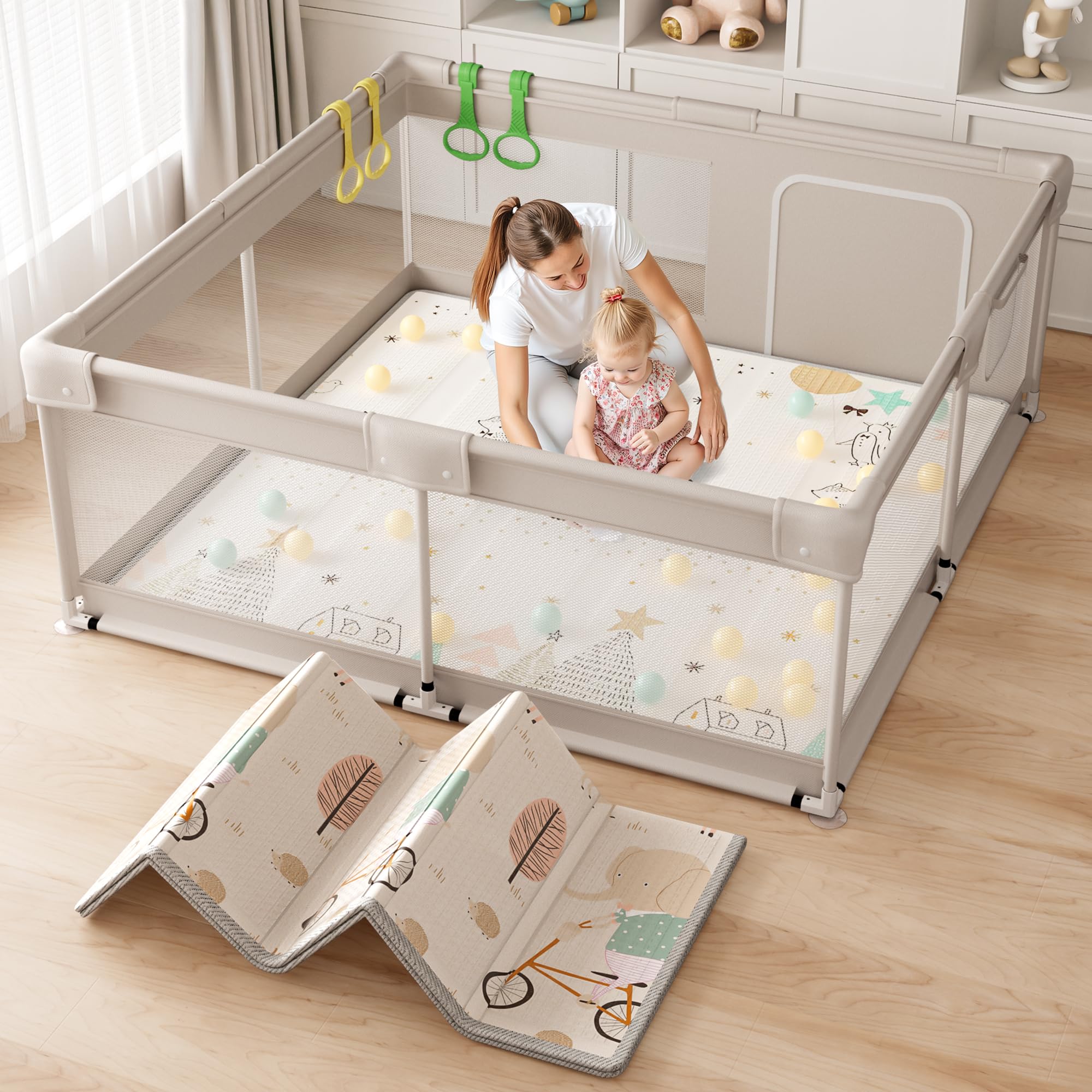 150×150×68cm Parc Bebe avec Tapis, Parc Enfant, Parc Bébé en Tissu Oxford, Parc pour Bebe xxl avec Barrières, Parc De Jeux Bébé avec Filet Respirant Sur Quatre Côtés et Ventouses