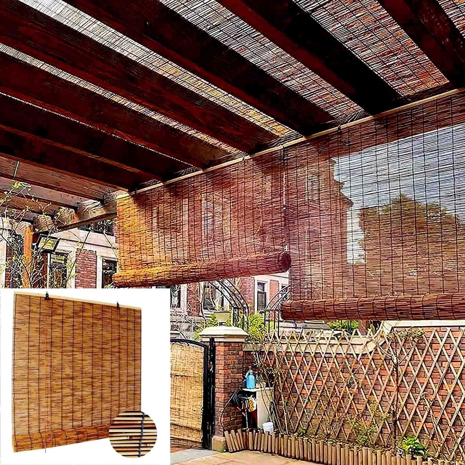 Bambusowe rolety na patio Wewnętrzny/zewnętrzny ganek Balkon Ekran prywatności Półprzezroczyste rolety Zasłony z trzciny retro z podnośnikiem, brązowe (rozmiar: szer. 130 x wys. 180 cm / 51 x 71 cal