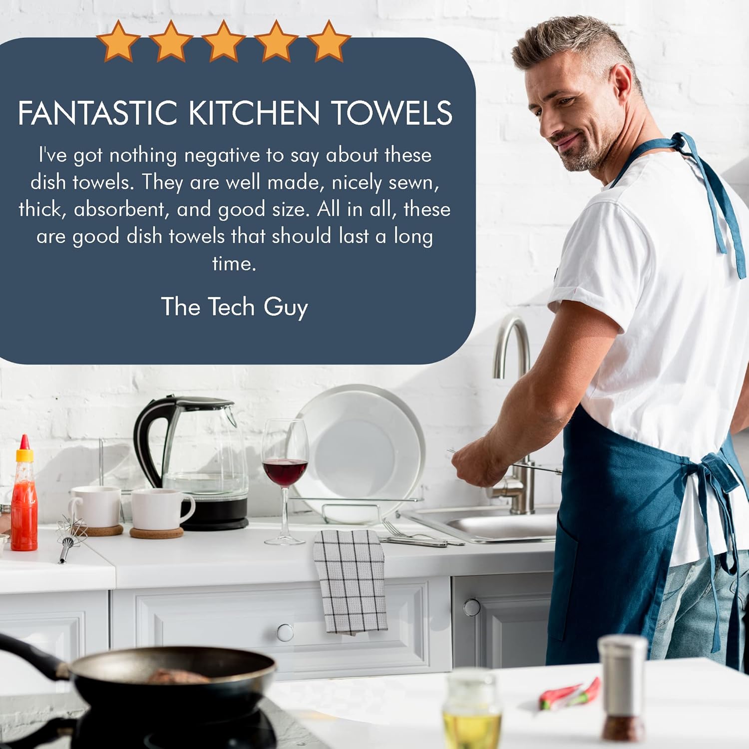 Fabstyles 100% Cotton Waffle Weave Kitchen Towels, Extra Large Dish Cloths, Super Absorbent and Quick Dry Tea Towels with Hanging Loop, 18x28 Inches, Set of 4 (White/Black, Kitchen Towel Set)