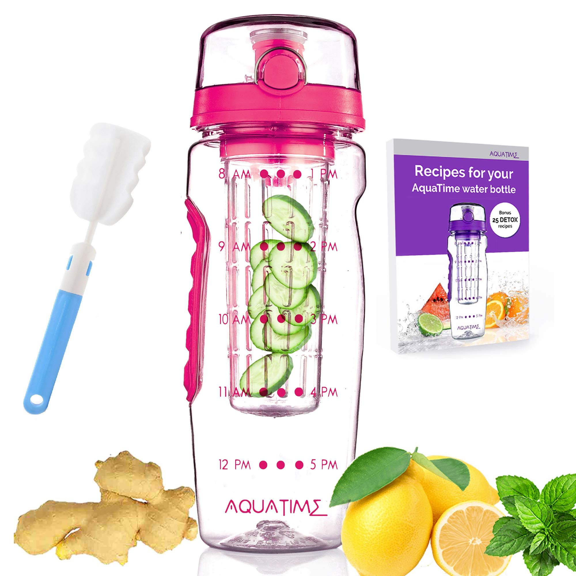 Time Marked Fruit Infuser Water Bottle AQUATIME Large 32 oz – Brush For Easy Clean included – Convenient To Carry - Fruit Infused Water Bottles - Infusion Bottle for Women and Men with Straw (Pink)