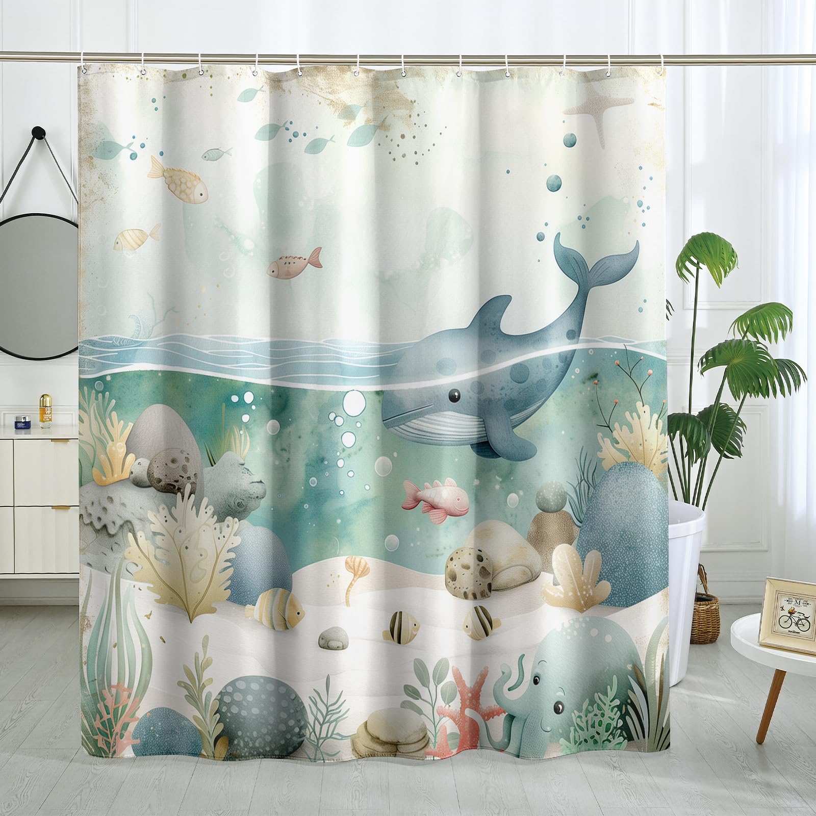DESIHOM Kids Cartoon Whale Shower Curtain Set 72" x 72" with Hooks, Funny Children Sealife Boys Girls Bathroom Decor, Fun Cute Ocean Bath Accessories