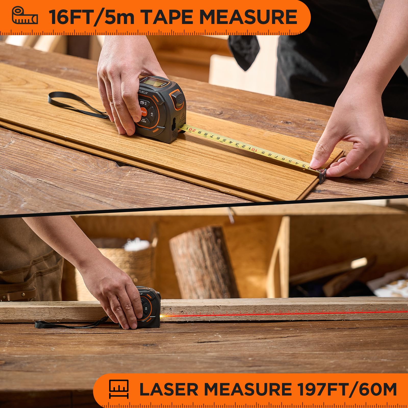 Laser-Bandmaß 197Ft Laser-Messung & 16Ft manuelle Messung Digitales Maßband Unterstützung für Pythagoras-Modus, Fläche, Volumen, Ft/Ft+in/in/M Einheit Distanzmesser für Woodworker Tool