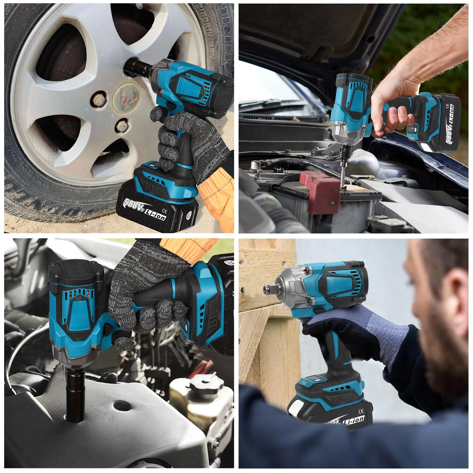 Llave de impacto inalámbrica de 1200 N.m – 1/2 pulgadas con motor sin escobillas 6700 RPM, 4 velocidades ajustables, LED, batería de 21 V, para casa/coche/bricolaje (2 baterías)