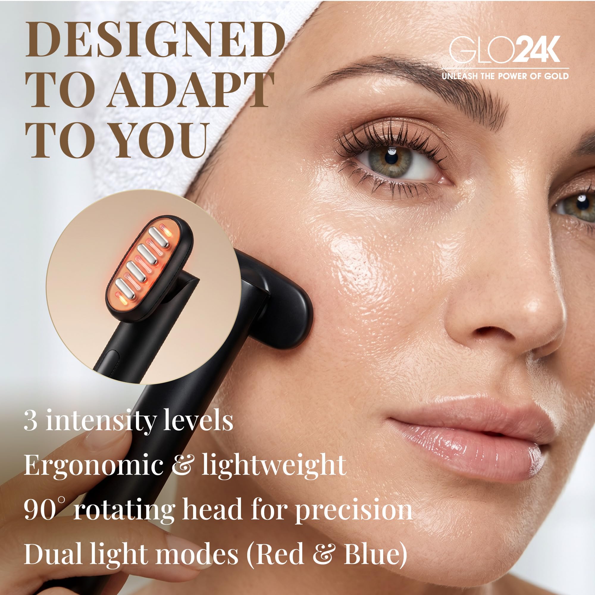 GLO24K 6-in-1 Schönheitstherapiestab für Gesicht, Augen und Hals. Basierend auf Dual-LED-Lichttherapie, thermischen, Vibrations- und Mikrostromtechnologien. Hautverjüngung