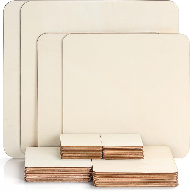 Belle Vous Unfinished Blank Wood Pieces (44 Pack) - 5 Sizes Natural Wooden Square Cutouts - Plain Coaster Slices for DIY Arts/Crafts, Painting, Pyrography/Wood Burning and Decorations