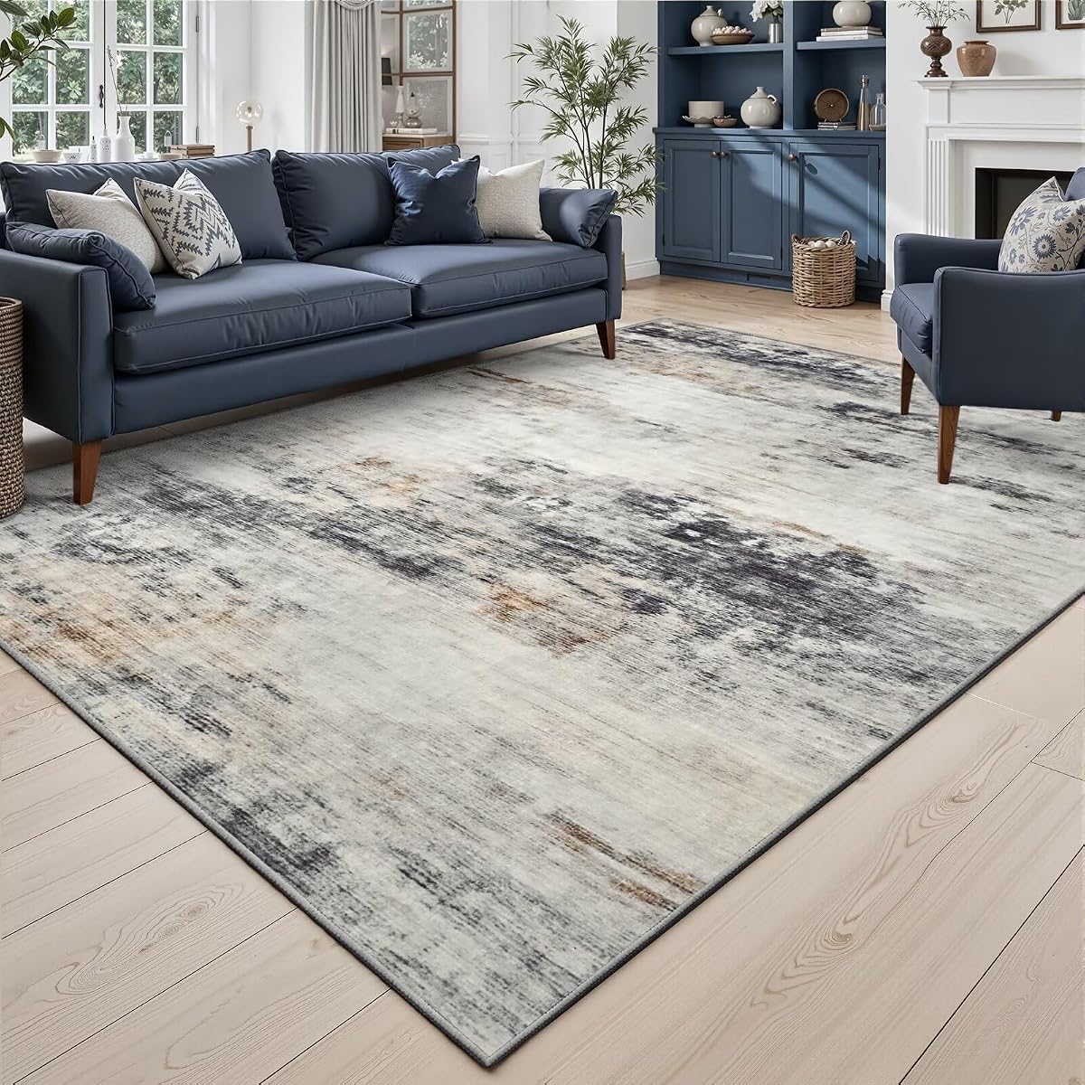 Alfombra lavable tonificada de 5 x 7 con respaldo antideslizante para sala de estar | Alfombras modernas abstractas, alfombra suave de pelo bajo para dormitorio, cocina, comedor, guardería, piso interior, oficina, decoración del hogar, gris/marrón